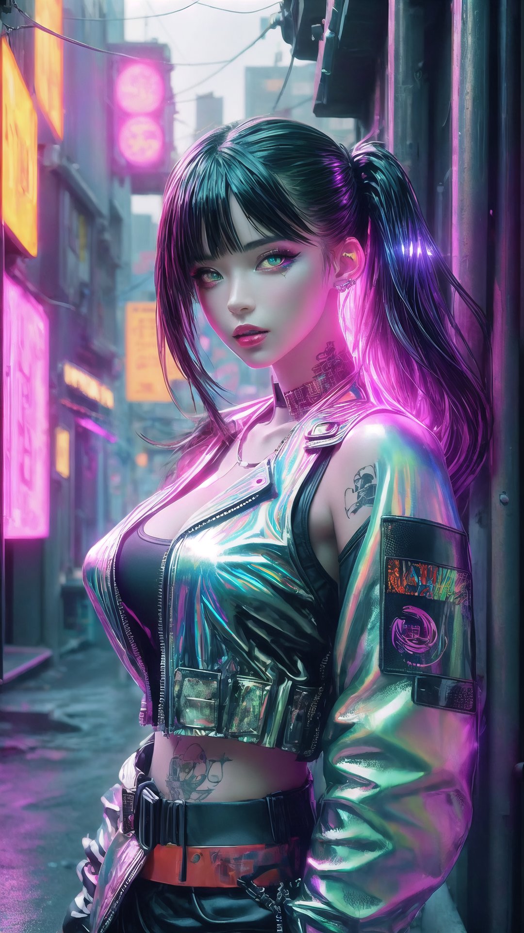 Masterpiece, Best Quality, highres, 1girl, 
 A motorcycle roars through a neon-drenched alleyway, a young woman with chrome wings tattooed on her back gripping the handlebars. Her leather jacket shimmers with holographic patches, her eyes reflecting the city's fractured light. She is a nomad of the dataverse, leaving fleeting glimpses of beauty in her wake. (Think chrome accents, vibrant city lights, and a sense of urban rebellion.
,photorealistic,Realism