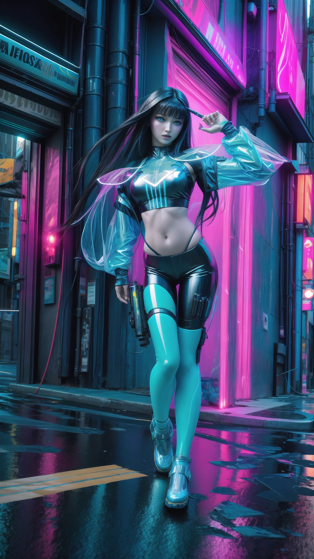 Masterpiece, Best Quality, highres, 1girl, full body, hyper detailed, ultra realistic,
Beneath a bioluminescent cityscape where buildings pulse with organic light, a young cyborg warrior with glowing veins and chrome implants sprints through the neon jungle. Wielding blades that crackle with captured bioluminescence, she dances a deadly ballet against augmented drones, leaving a trail of electric blue sparks in her wake. (Think: Avatar meets Cyberpunk 2077, with a dash of bioluminescent weaponry)
,photorealistic,Realism,Portrait