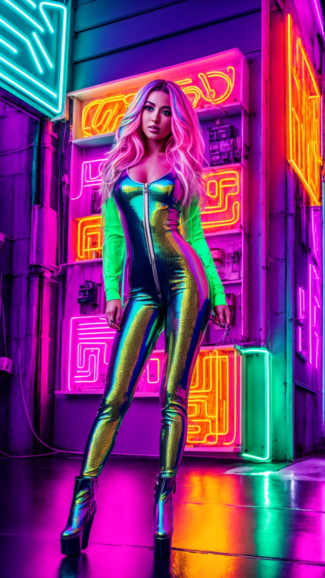 Masterpiece, Best Quality, highres, 1girl, full body, hyper detailed, ultra realistic,
  A young woman with neon-streaked hair, clad in a holographic mesh bodysuit and chrome platform boots, stands amidst a labyrinth of towering neon signs. Fingers dance across a holographic control panel, weaving threads of light and code that paint the cityscape in ever-shifting patterns. (Think vibrant neon hues, holographic effects, and a sense of technological artistry.)
,photorealistic,Realism