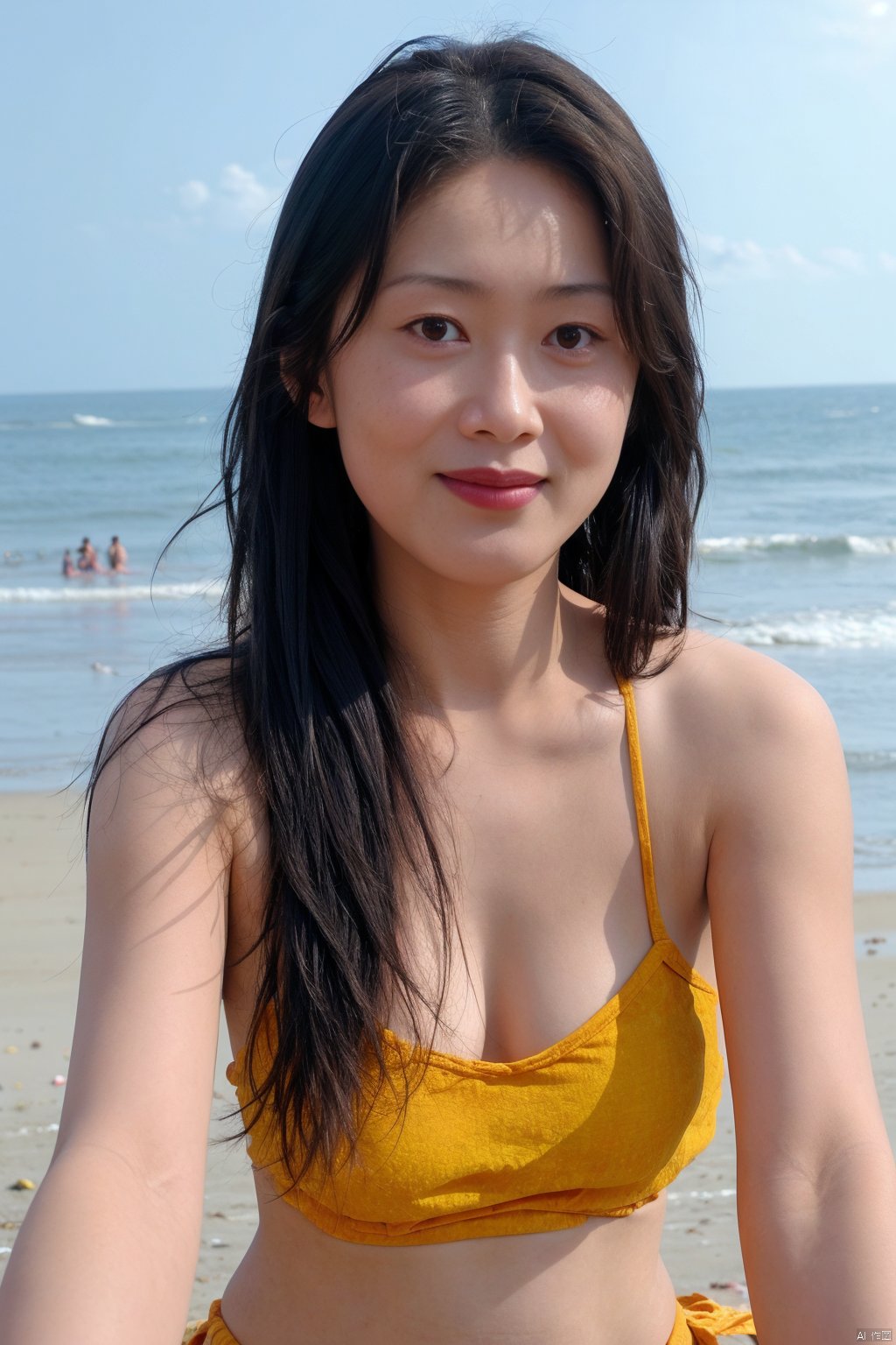  1girl,Halter tops,selfie, sea, wind, messy hair, sunshine, beach, (aesthetics and atmosphere:1.2), , yangyang, ajuan