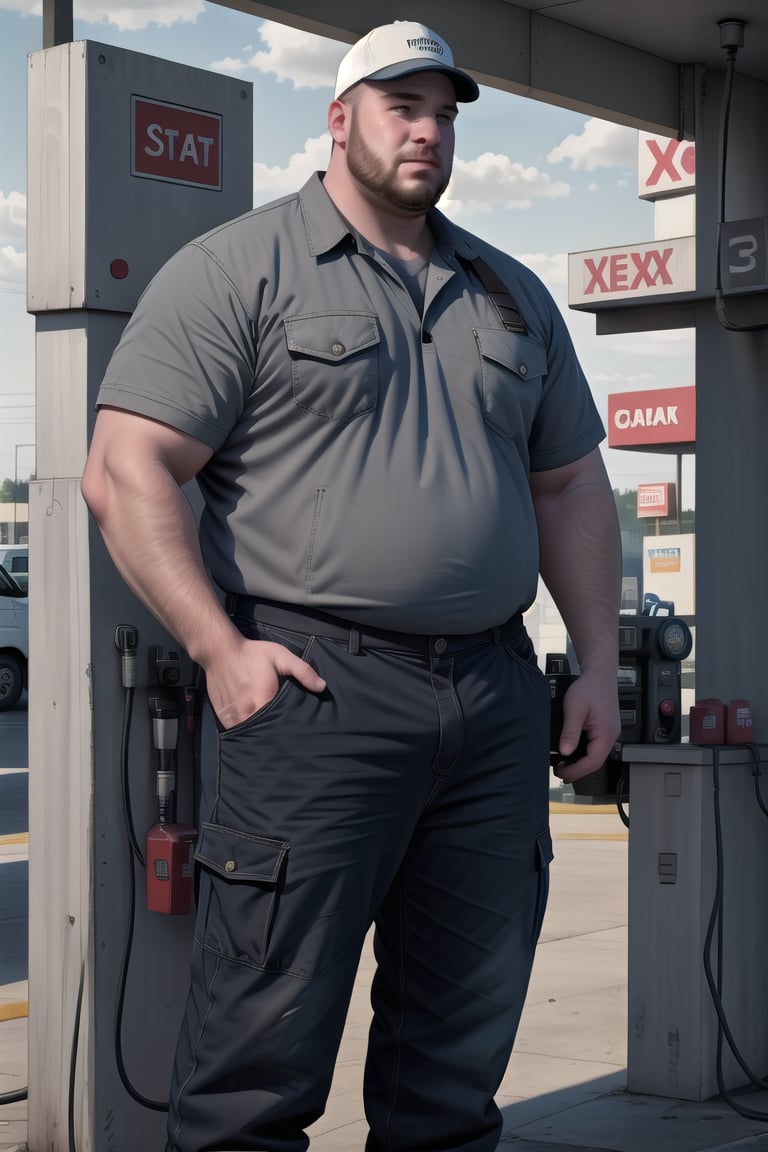 my favorite image of a DILF man at the gas station, techworker clothes on , cap on , the best realistic cg phographic illustration in the world
BREAK
very cool image, absurd highres image scan, very interesting full-bright image, centrefold,  no crop, (b33rb3lly),<lora:659111690174031528:1.0>