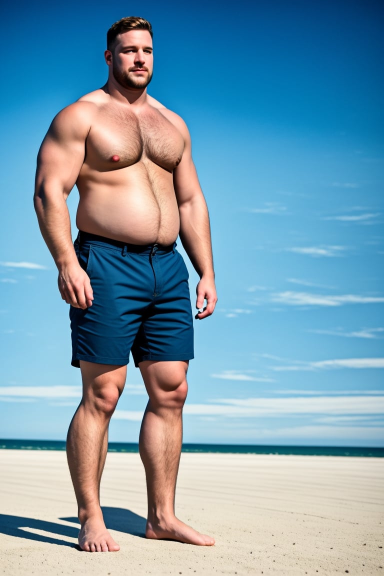 my favorite image of a DILF man wearing male surferboardshorts at the stunning beach, belly, the best realistic cg phographic illustration in the world, very cool image, absurd highres image scan, very interesting full-bright image, centrefold,  no crop, (b33rb3lly),,,<lora:659111690174031528:1.0>
