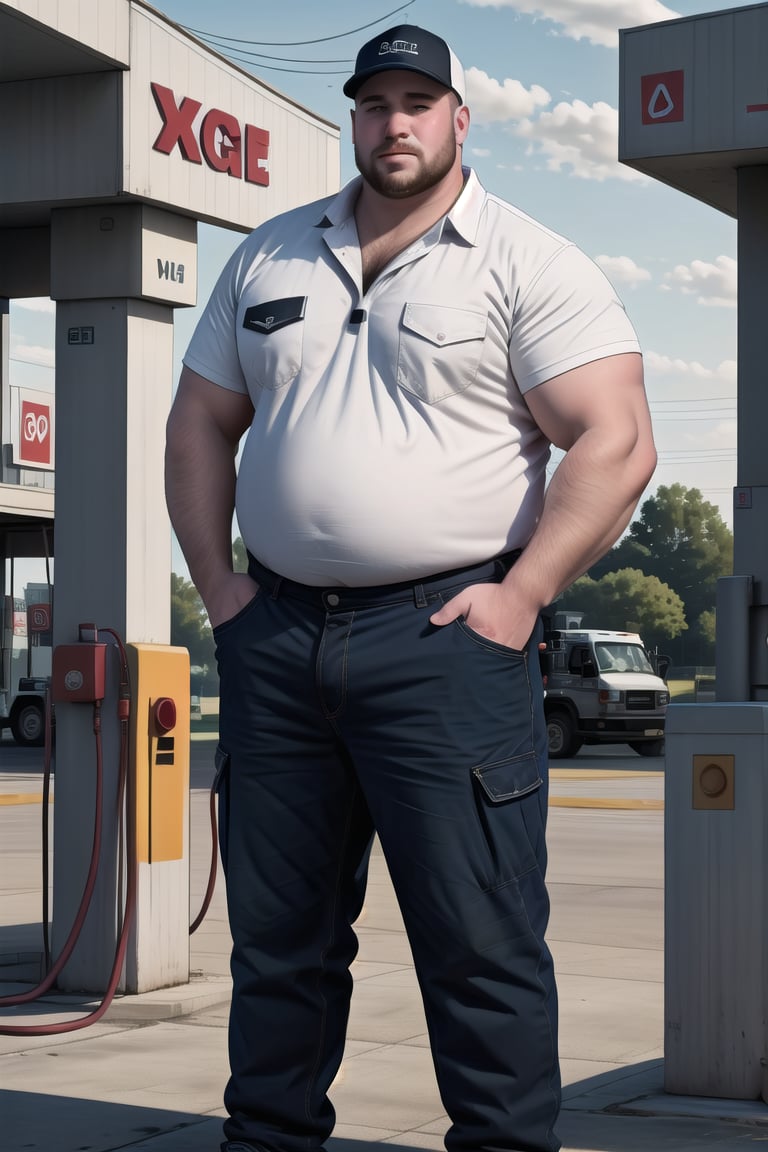 my favorite image of a DILF man at the gas station, techworker clothes on , cap on , the best realistic cg phographic illustration in the world, 
BREAK
thick arms
BREAK
very cool image, absurd highres image scan, very interesting full-bright image, centrefold,  no crop, (b33rb3lly),<lora:659111690174031528:1.0>