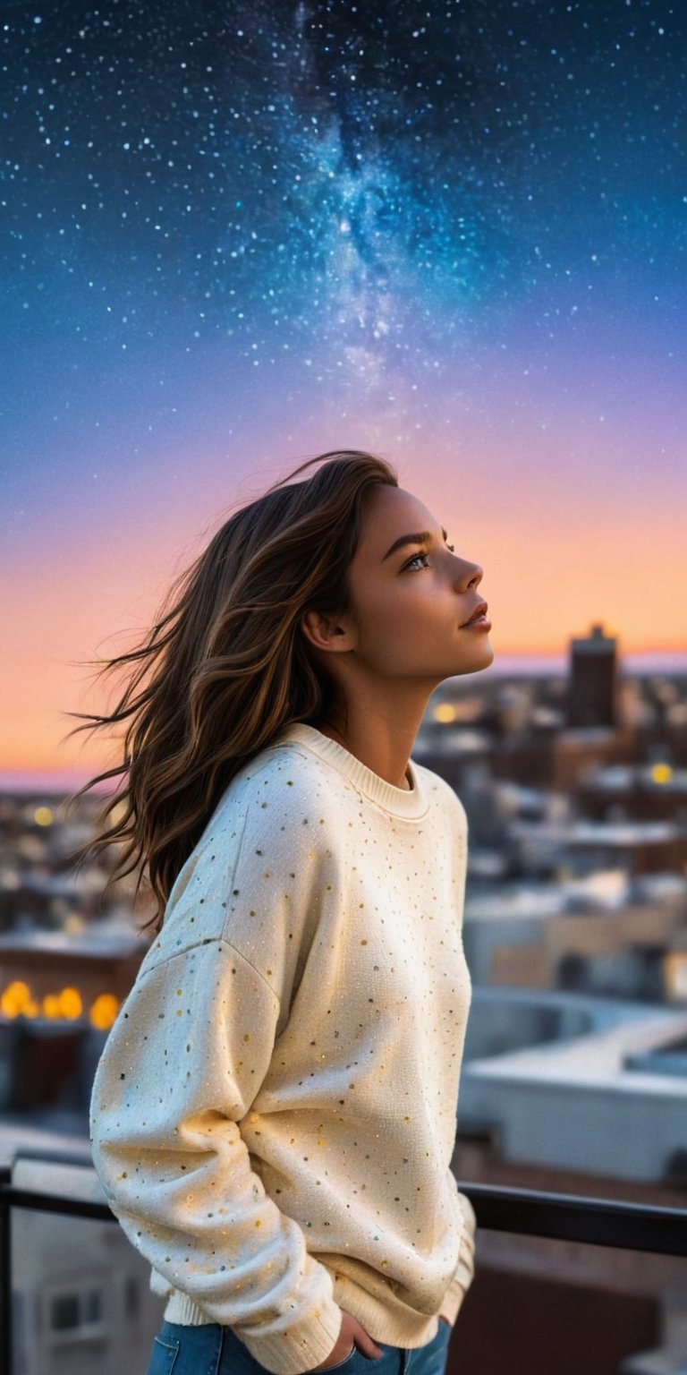 Masterpiece, Best Quality, highres, 1girl, A girl in a cozy oversized sweater gazes up at a galaxy swirling above, constellations woven into her hair like glittering threads. Neon signs from the city below cast a magical, urban glow on the rooftop, a counterpoint to the vastness of the cosmos. (Think dreamy city lights, starry sky, and a cozy, introspective mood.) ,photorealistic,Realism,Extremely Realistic,photo r3al