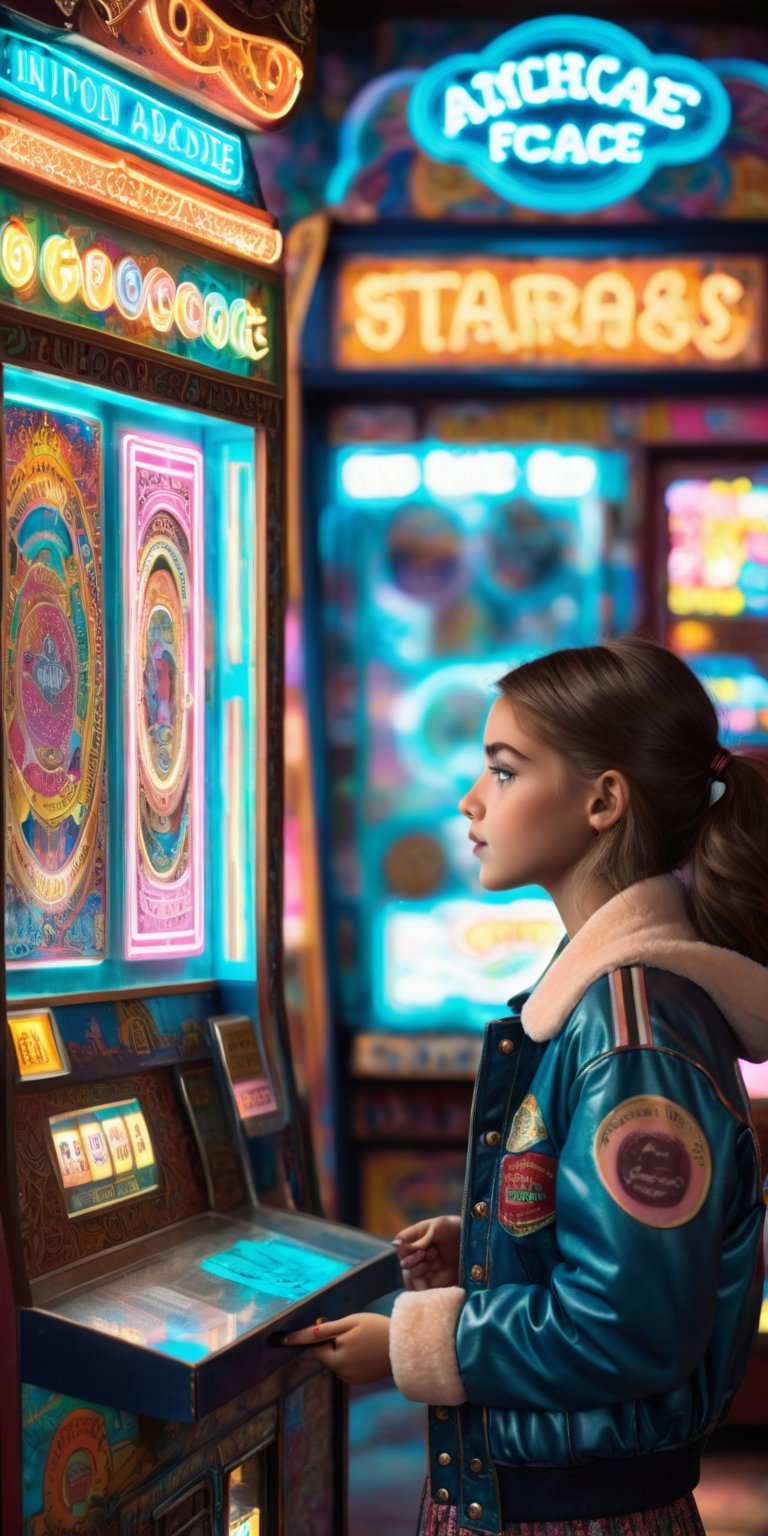 Masterpiece, Best Quality, highres, hyper detailed, ultra realistic, 1girl, A girl in a vintage bomber jacket gazes into a fortune teller machine at a dusty penny arcade, neon lights reflecting in her wide eyes. The machine whirs and clicks, spitting out a whimsical fortune card adorned with starlit dreams and whispered possibilities. (Think vintage arcade ambience, neon lighting, a touch of mystery, and a hint of the fantastical.)
,photorealistic,Realism,Extremely Realistic,photo r3al