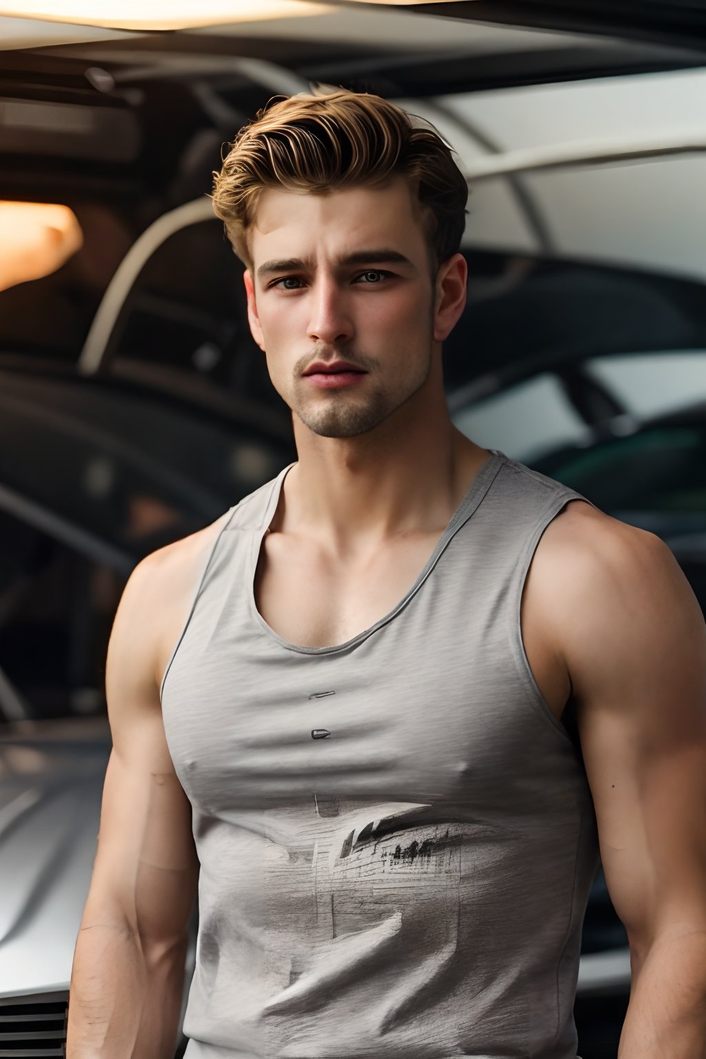 a handsome man, wearing tank top, car mechanic, realistic, photorealistic, 8k, cinematic lighting, very dramatic, European man, soft aesthetic, innocent, art by john singer sargent, handsome Italian,luca