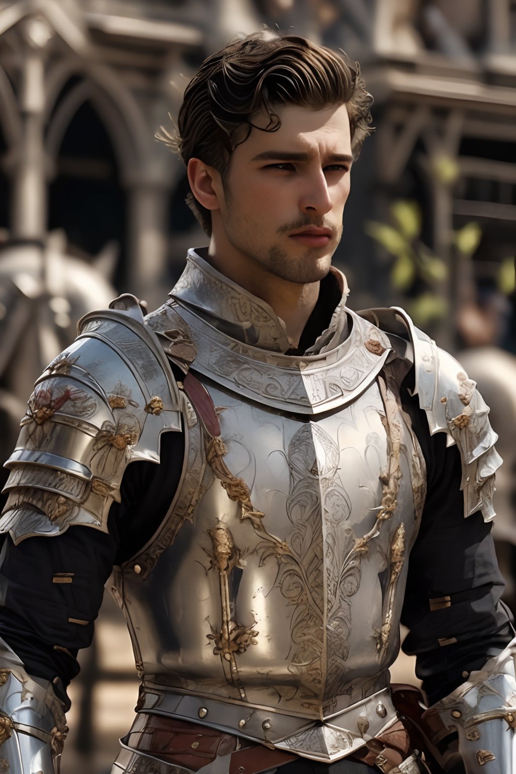 ((white knight)), a handsome man in a High Gothic silver metal plate armor in a beautiful ornemental, ((True Silver)), (((marlon teixera))), short black hair with bangs, outdoors (in a grassland filled with roses and ruins), ethereal, white aura, shiny, youthful, pale skin, thick eyebrows, soft, mythology, medieval, fantasy, young, alpha male, hot, masculine, manly, dark fantasy, 80s fantasy, high fantasy, white armor, defined jawline, crooked nose, hot, , medieval armor, art by wlop, handsome male, facing in front (portrait close-up), renaissance painting, realistic, photorealistic, 8k, white cinematic lighting, hades armor, very dramatic, European man, soft aesthetic, innocent, art by john singer sargent, greg rutkowski, handsome Italian,medieval armor,luca