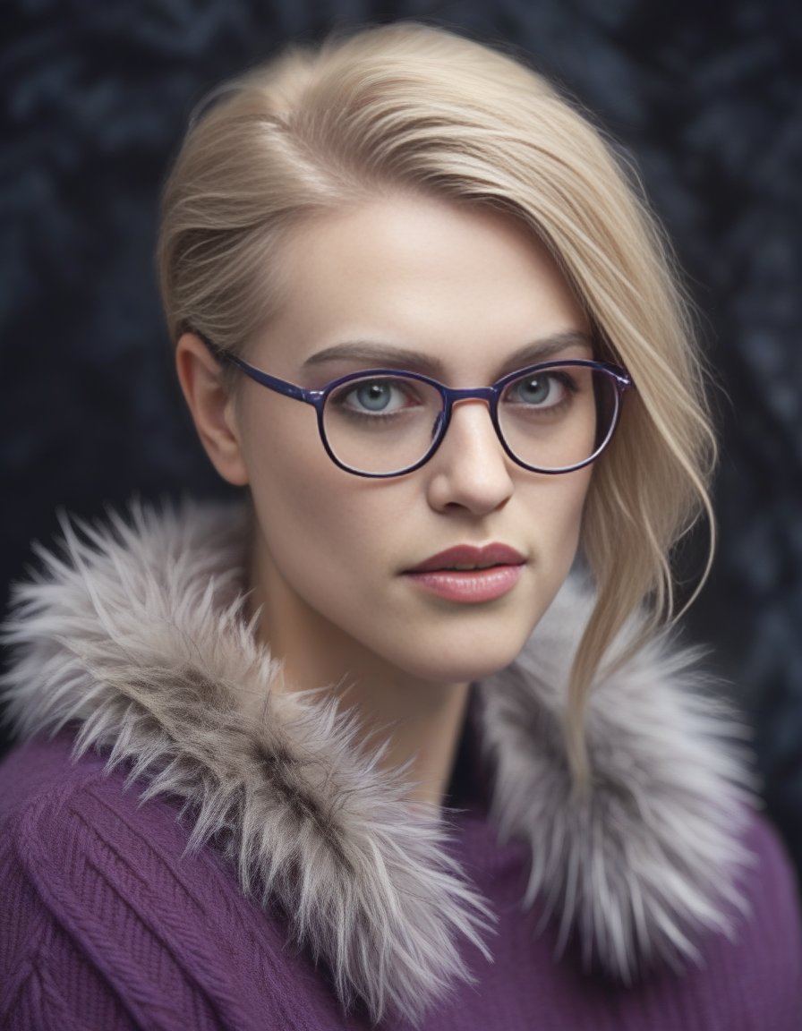 KatieMcgrath,<lora:KatieMcgrathSDXL:1>,(medium shot:1.3) photography, woman wearing purple eyeglasses, fur sweater, blond hair, short hair, high quality, highly detailed, Sharpdetail, photorealism, hyperrealism, realistic, real, natural color, warm tone