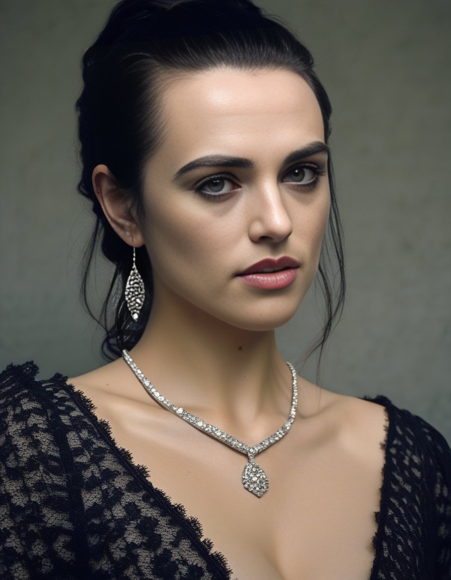 KatieMcgrath,<lora:KatieMcgrathSDXL:1>,Realistic photo of a beautiful woman, 1girl, solo, looking at viewer, (((black hair))), dress, jewelry, upper body, ponytail, earrings, necklace, lips, black background, backless outfit, realistic, soft lighting, professional Photography, Photorealistic, detailed, RAW, analog, sharp focus, 8k, HD, DSLR, high quality, Fujifilm XT3, film grain, award winning