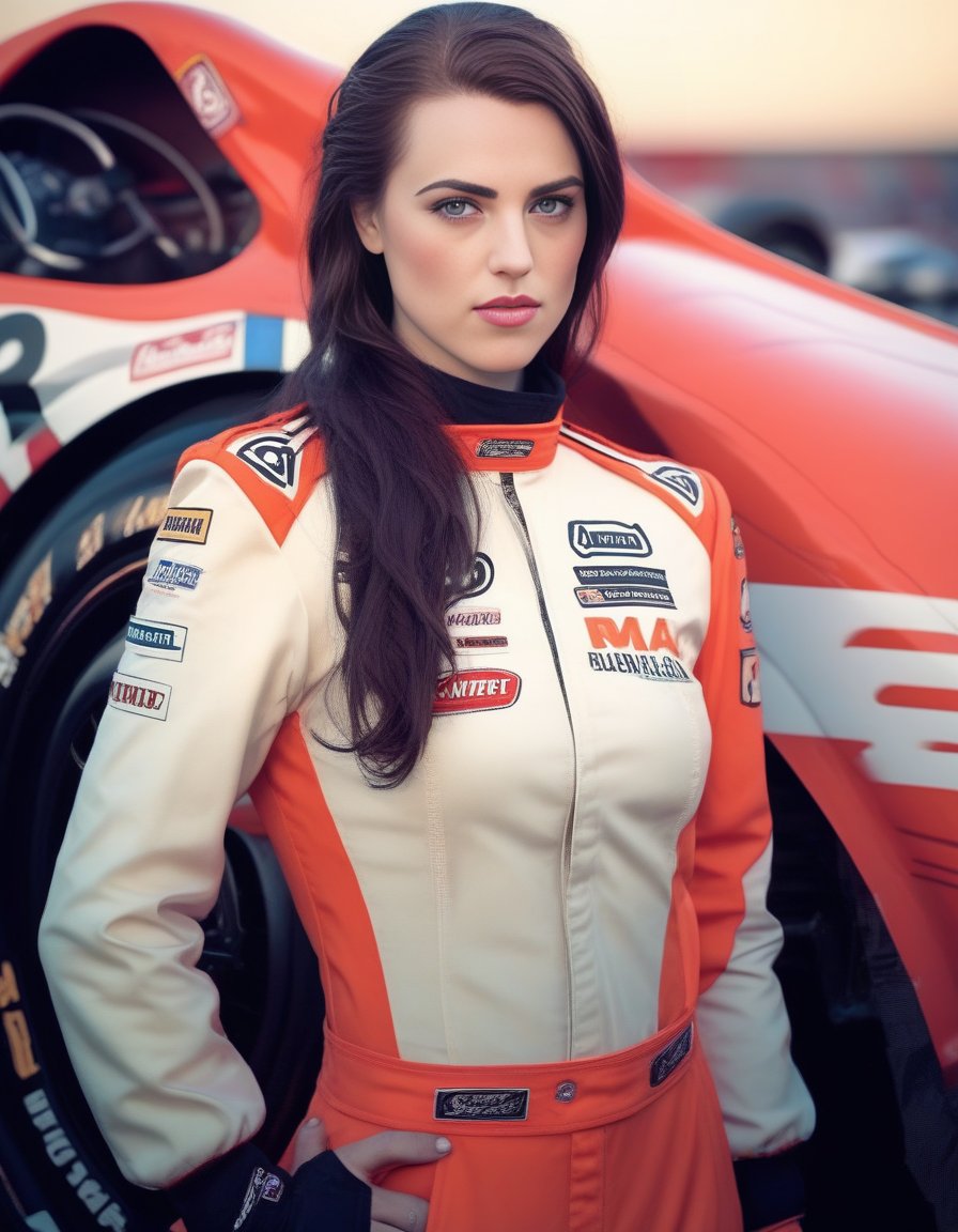 KatieMcgrath,<lora:KatieMcgrathSDXL:1> perfect anime illustration, 1girl, braided hair, medium hair, medium breasts, sidehair, racecar driver, ((firesuit, race track, car)), nascar, f1, indycar, (outdoors, speedway, track), standing next to a racing vehicle, hand on hip, good posture, looking at viewer. created by Artgerm, volumetric lighting, 8k, hdr, holga, 300mm lens f3. 5, aesthetic, unsharpened