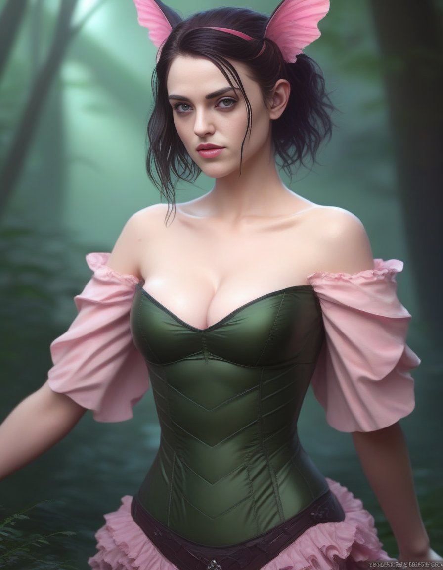 KatieMcgrath,<lora:KatieMcgrathSDXL:1>Anime portrait by WLOP and Artgerm, trending on artstation, (masterpiece, best quality), 1girl, pixie, in a fantasy forest, green Short Wavy Hair with, Size DD breasts, pink Corset top and Ruffled mini skirt kneehighs,