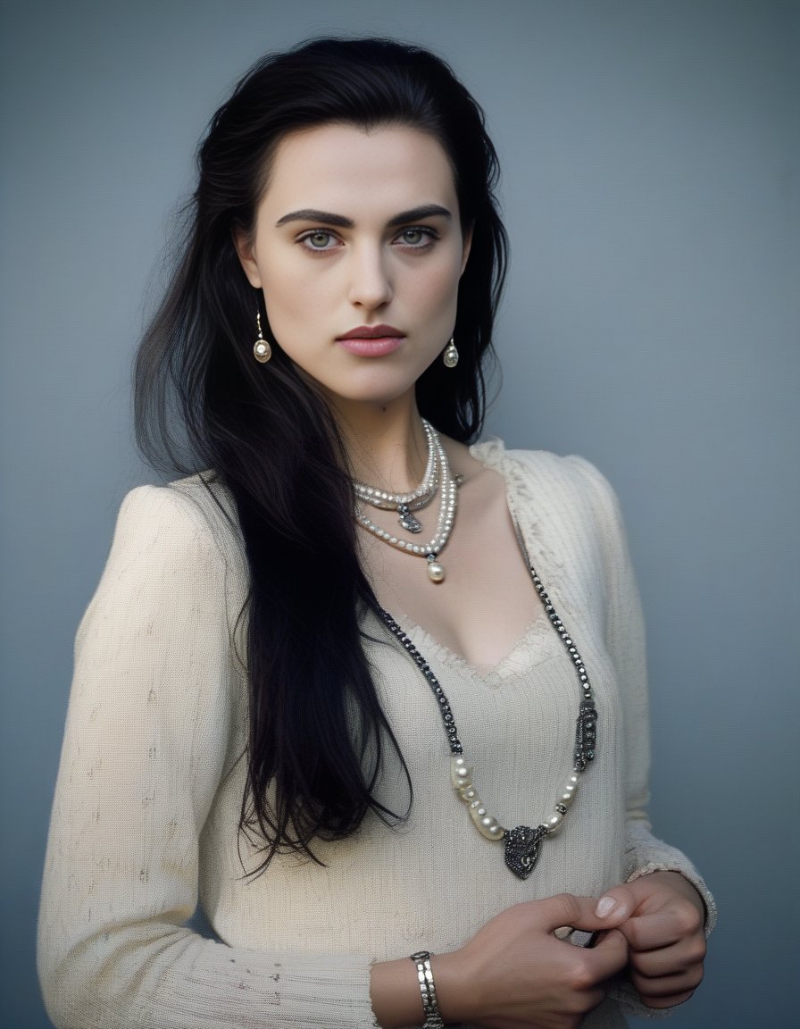 KatieMcgrath,<lora:KatieMcgrathSDXL:1>, Realistic photo of a beautiful  woman, 1girl, solo, long hair, looking at viewer, black hair, brown eyes, jewelry, upper body, earrings, necklace, lips, portrait, realistic, pearl necklace, soft lighting, professional Photography, Photorealistic, detailed, RAW, analog, sharp focus, 8k, HD, DSLR, high quality, Fujifilm XT3, film grain, award winning, masterpiece