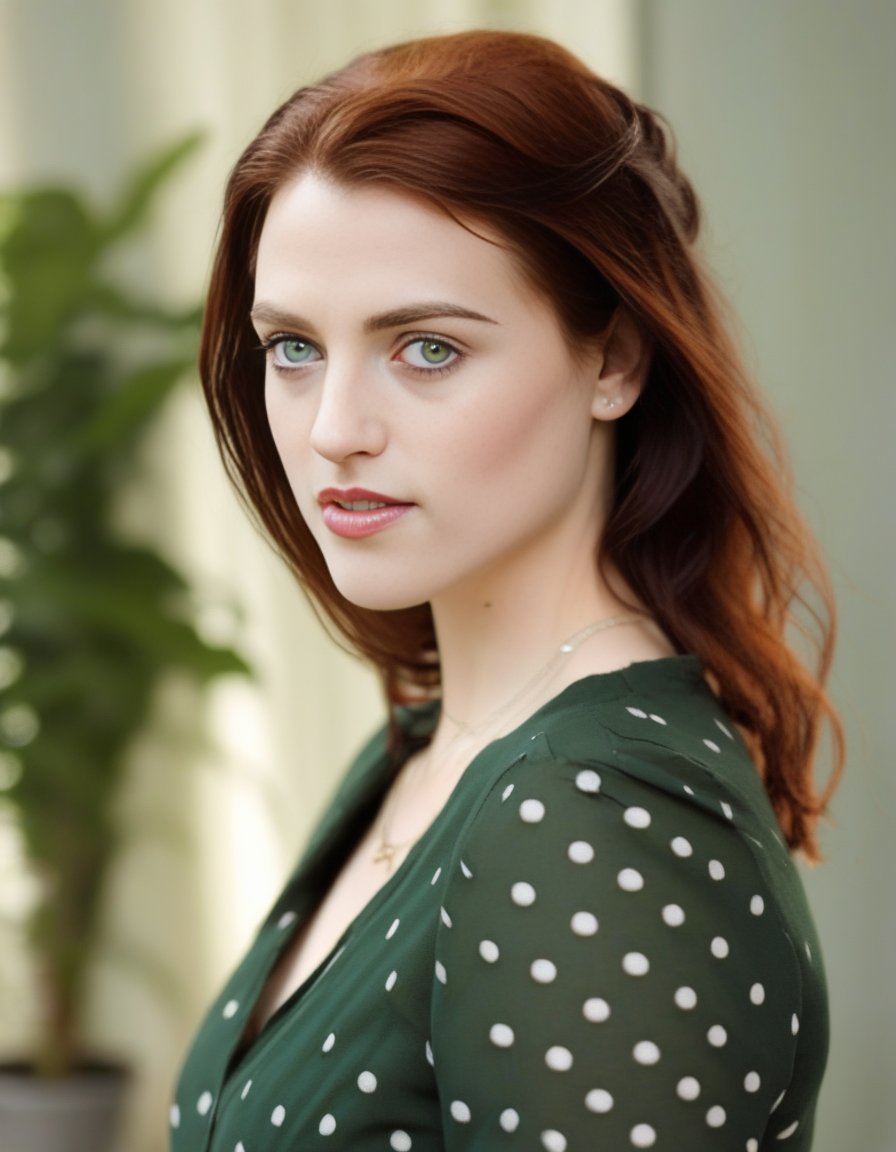 KatieMcgrath,<lora:KatieMcgrathSDXL:1>,An image of a woman with shoulder-length auburn hair and fair skin. She has green eyes accentuated with mascara, and a natural lip color. She is wearing a dark V-neck blouse with a small, light polka dot pattern, short sleeves, and is accessorized with a thin, light-colored belt around the waist. The background should be a soft-focus natural setting, with hints of greenery suggesting a bright, outdoor scene.