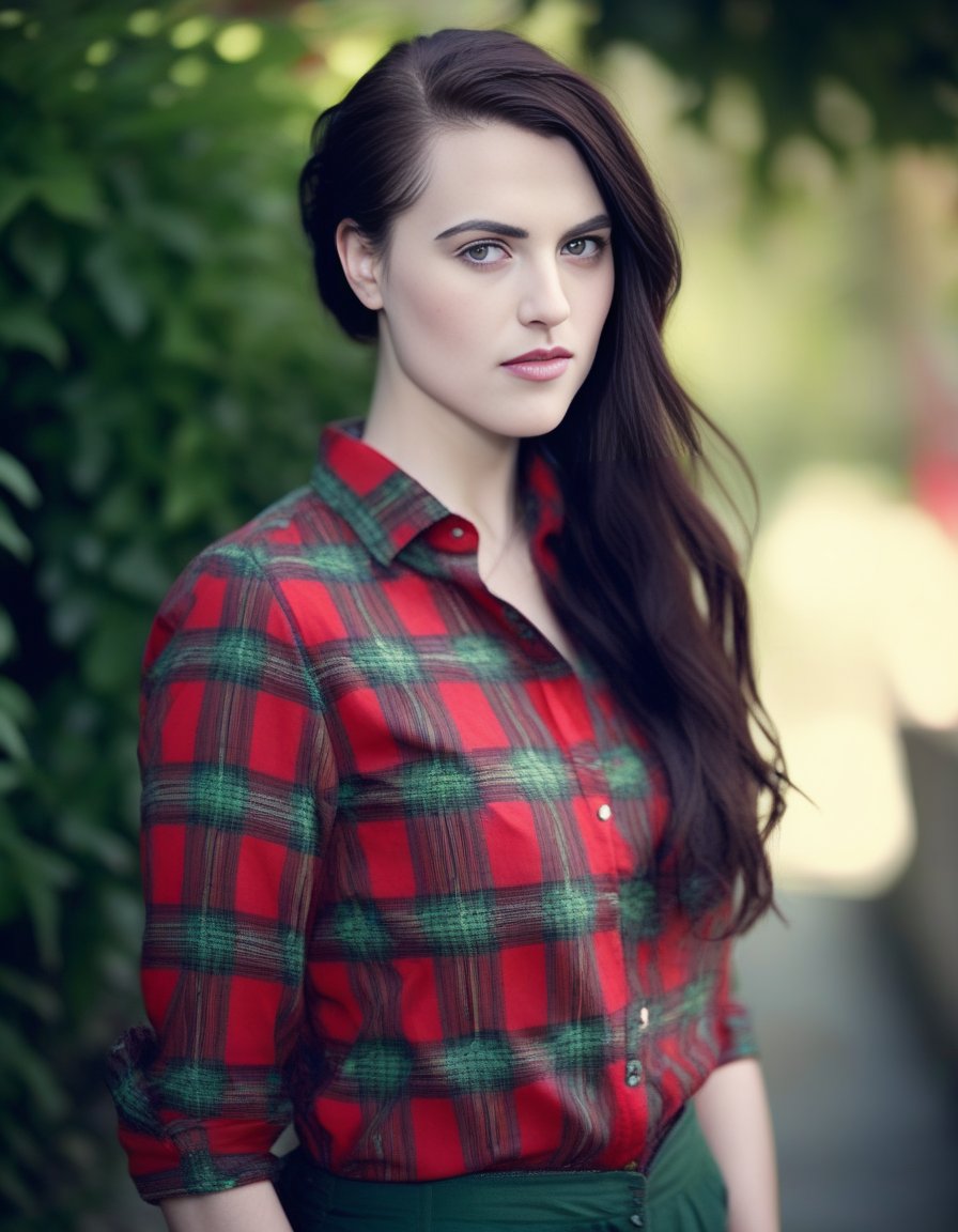 KatieMcgrath,<lora:KatieMcgrathSDXL:1>,A portrait of a young beautiful girl, natural complexion soft skin, under cut hair style, highly details, slim-with-curves, green-red Tartan  shirt, outdoor setting, establishing shot