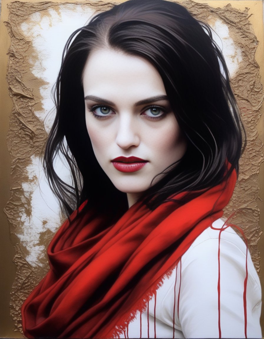 KatieMcgrath,<lora:KatieMcgrathSDXL:1>breathtaking portrait of a gorgeous girl, sultry, red scarf, dark gold and black, gossamer fabrics, jagged edges, eye-catching detail, insanely intricate, vibrant light and shadow , beauty, paintings on panel, textured background, captivating, stencil art, style of oil painting, modern ink, watercolor , brush strokes, negative white space