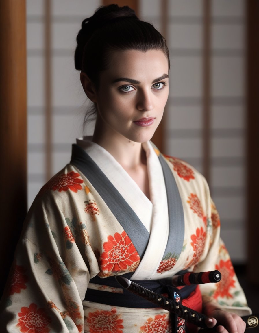 KatieMcgrath,<lora:KatieMcgrathSDXL:1>,photo,detailed background, stunning beauty, high quality photo, perfect composition, perfect details and textures, highly detailed, front view, looking at camera, perfect lighting, with a kimono and holding a samurai sword in the dojo