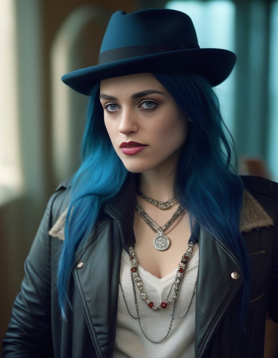 KatieMcgrath,<lora:KatieMcgrathSDXL:1>, Realistic photo of a beautiful  woman, 1girl, solo, long hair, hat, jewelry, blue hair, jacket, multicolored hair, necklace, bracelet, lips, realistic, fashion, soft lighting, professional Photography, Photorealistic, detailed, RAW, analog, sharp focus, 8k, HD, DSLR, high quality, Fujifilm XT3, film grain, award winning, masterpiece