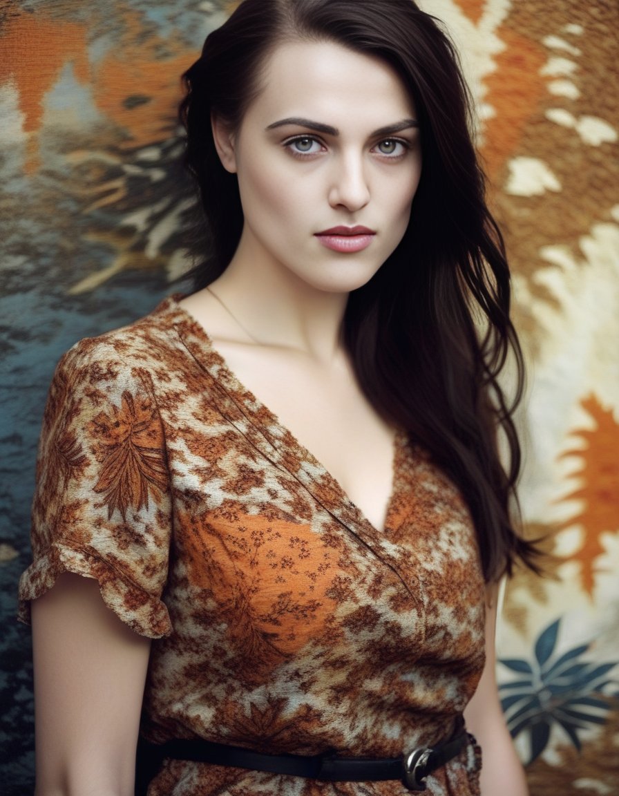 KatieMcgrath,<lora:KatieMcgrathSDXL:1>,A waist-up portrait of a young beautiful brunette girl, lip-gloss, (freckles:0.5) skin, asymmetrical cut hair style, "slim with curves", (breasts:0.8), (batik:1.55) shirt