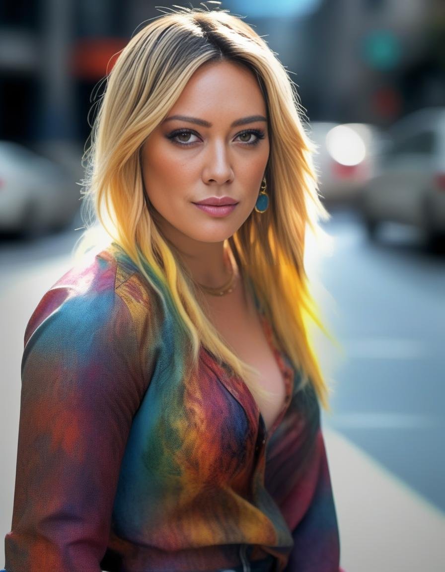 HilaryDuff,<lora:HilaryDuffSDXL:1>,A realistic photograph of a stunning girl with [colorful hair] with [dark roots], a [small nose], highly detailed face, detailed woman face, detailed hand, beautiful [brown eyes], wearing a [shirt], in [city], [full body], highly detailed, cinematic, professional, bright color, dramatic ambient dynamic, thought, majestic, rich deep colors, vivid, stunning, graceful, wonderful, magic, perfect, pretty, marvelous, pure, scenic, sharp focus, extremely inspirational, elegant, colossal, epic, fine detail, sincere, amazing, singular, beautiful, fantastic