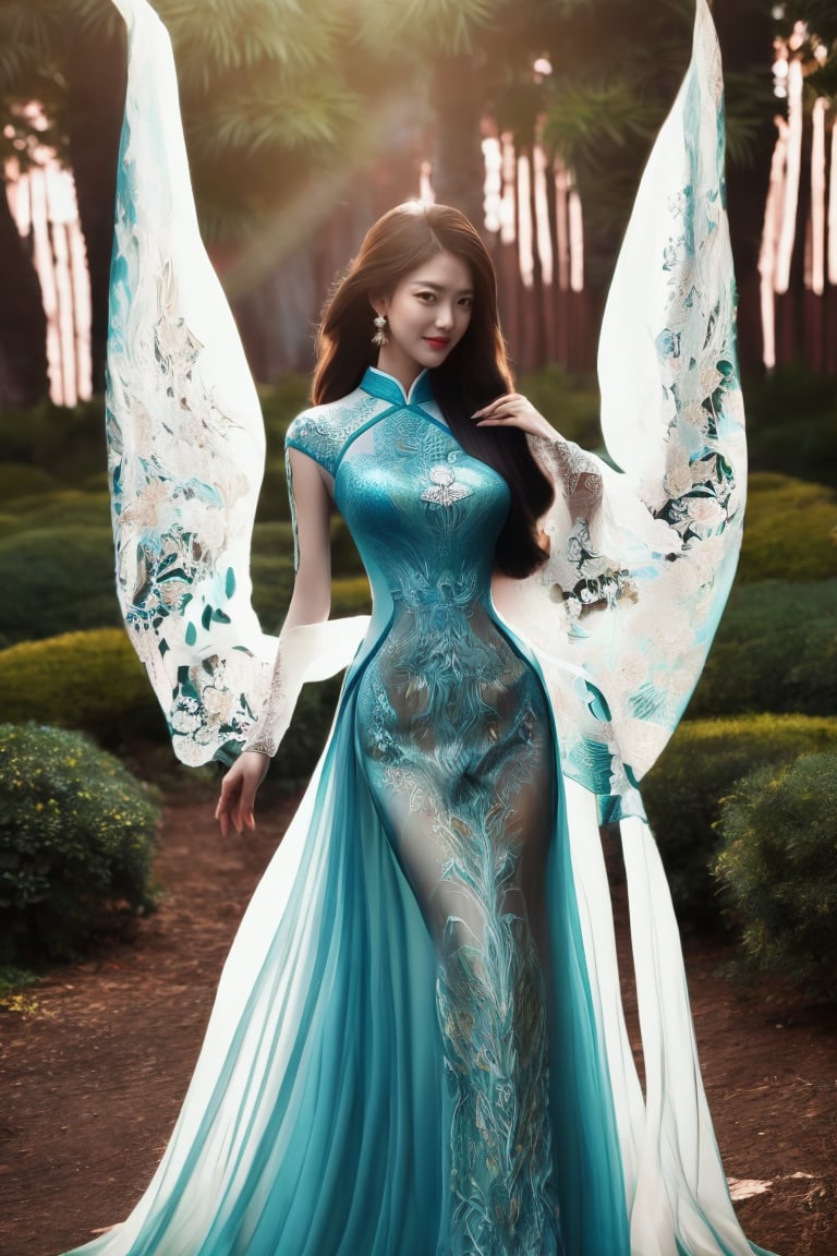 The image depicts a beauty vietnamese girl in white ao dai with her beauty lovely face smiling, standing outdoors amidst ethereal lighting. The person is wearing a long, white dress with intricate designs on the sleeves.  They are standing in an outdoor setting that appears to be a garden or forest, with trees and rocks visible in the background. Ethereal beams of light filter through the trees, casting an otherworldly glow on the scene. There's a mystical or serene atmosphere created by the combination of natural elements and lighting.,Ao Dai,ao dai,dress,woman,Young beauty spirit 