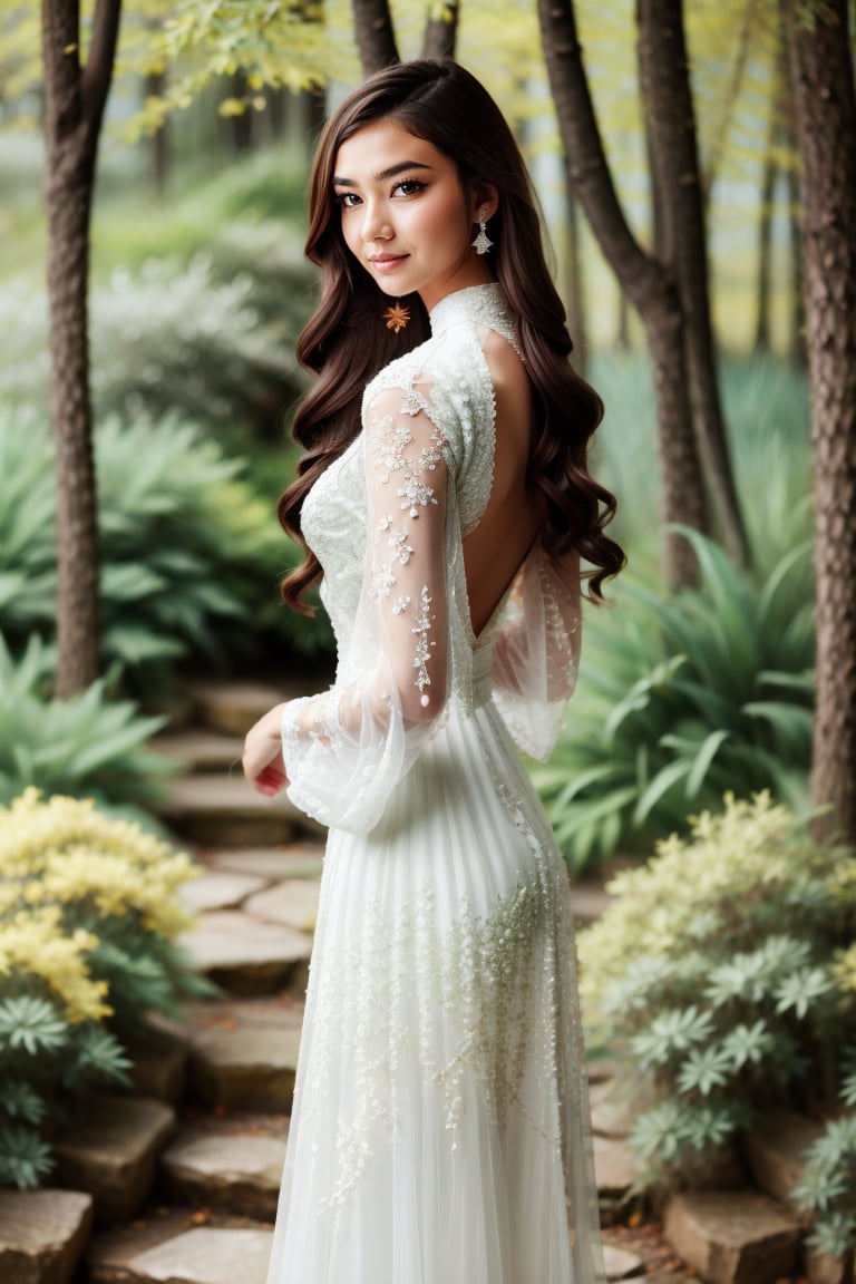 The image depicts a person in a white dress with their face obscured, standing outdoors amidst ethereal lighting. The person is wearing a long, white dress with intricate designs on the sleeves. Their face is obscured by a blurred square, making identification impossible. They are standing in an outdoor setting that appears to be a garden or forest, with trees and rocks visible in the background. Ethereal beams of light filter through the trees, casting an otherworldly glow on the scene. There's a mystical or serene atmosphere created by the combination of natural elements and lighting.,Ao Dai,ao dai,dress,woman