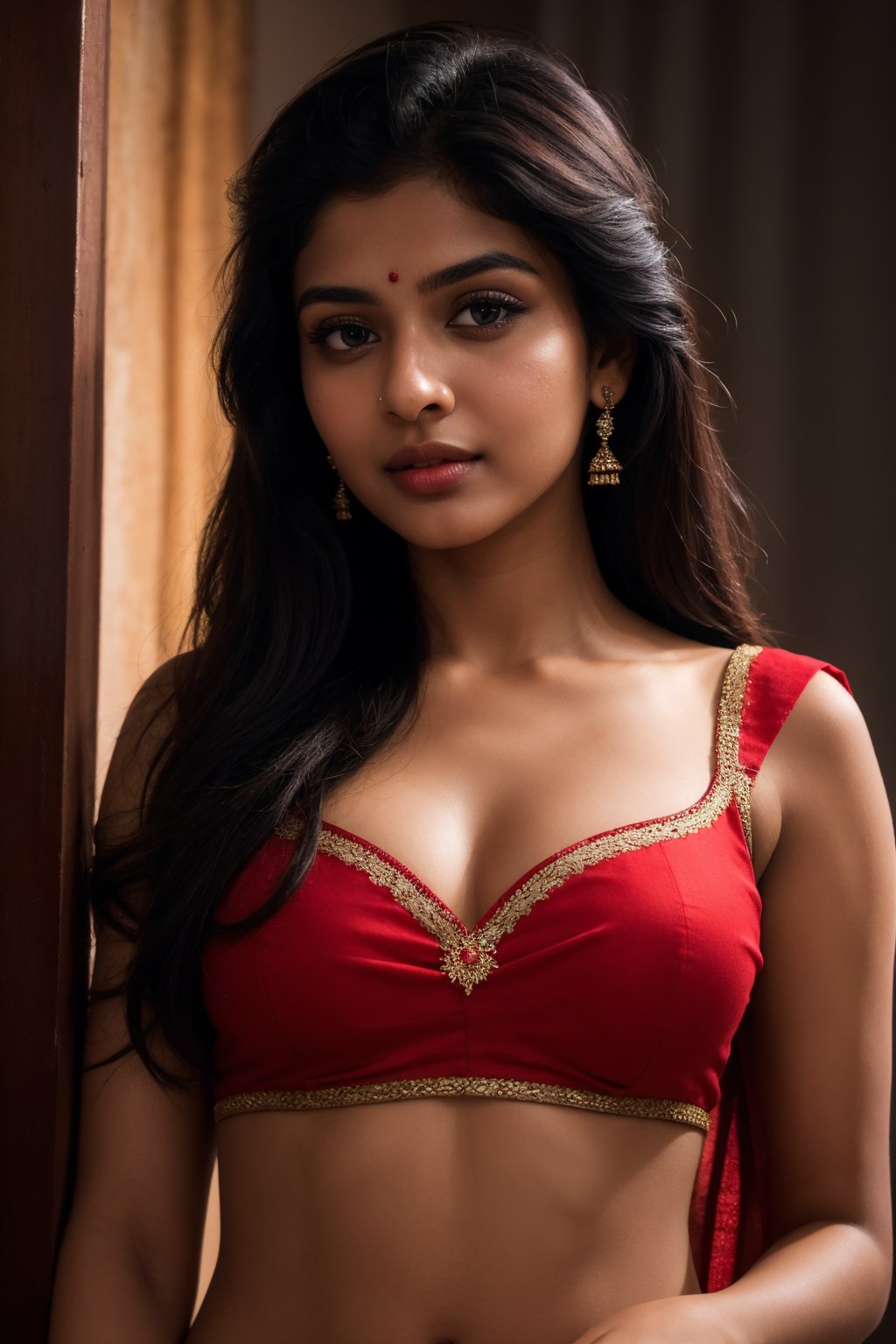 Raw photo of (25yo Kerala Beautiful young woman:1.1) (best quality, highres, ultra-detailed:1.2), vibrant colors, glowing dimond, glowing eyes, realistic Raw photo, realistic lighting, traditional Red saree,  exotic beauty, mesmerizing eyes, girl ,Thrissur,30 yo man