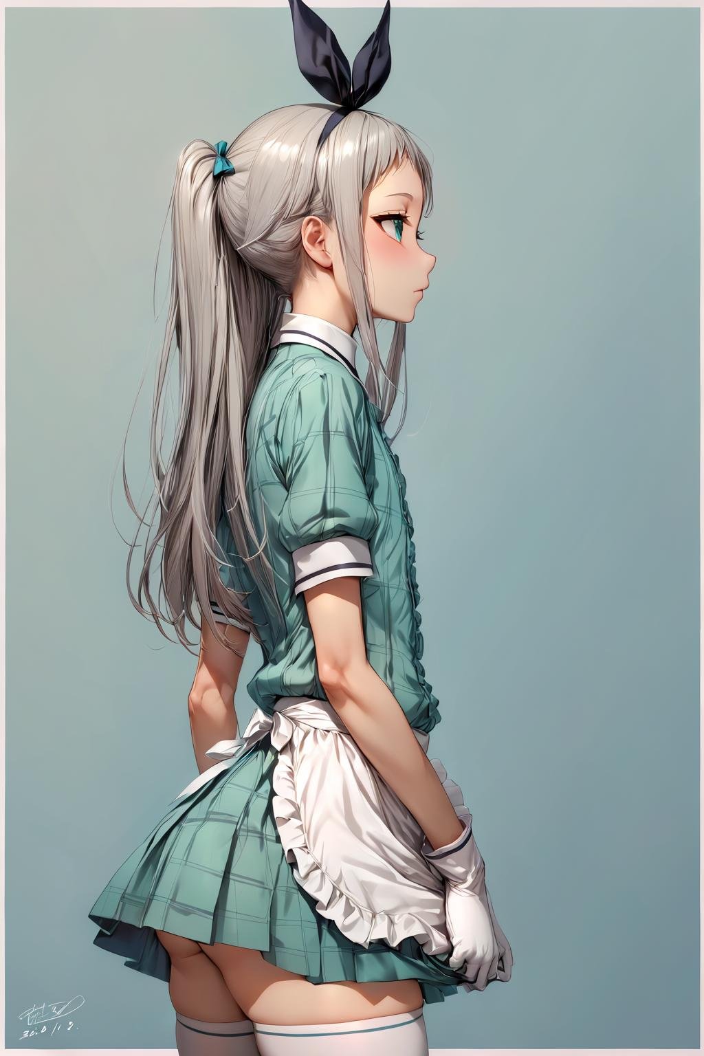 masterpiece, best quality, 1boy, <lora:spblendsKanzakiHideriXL:1> hideridef, otoko no ko, hair bow, black hairband, dress, short sleeves, frills, waist apron, frilled apron, skirt, white gloves, white thighhighs, blue background, border, cowboy shot, dated, outside border, signature, simple background, unmoving pattern, white border, arm at side, holding, profile, solo, standing