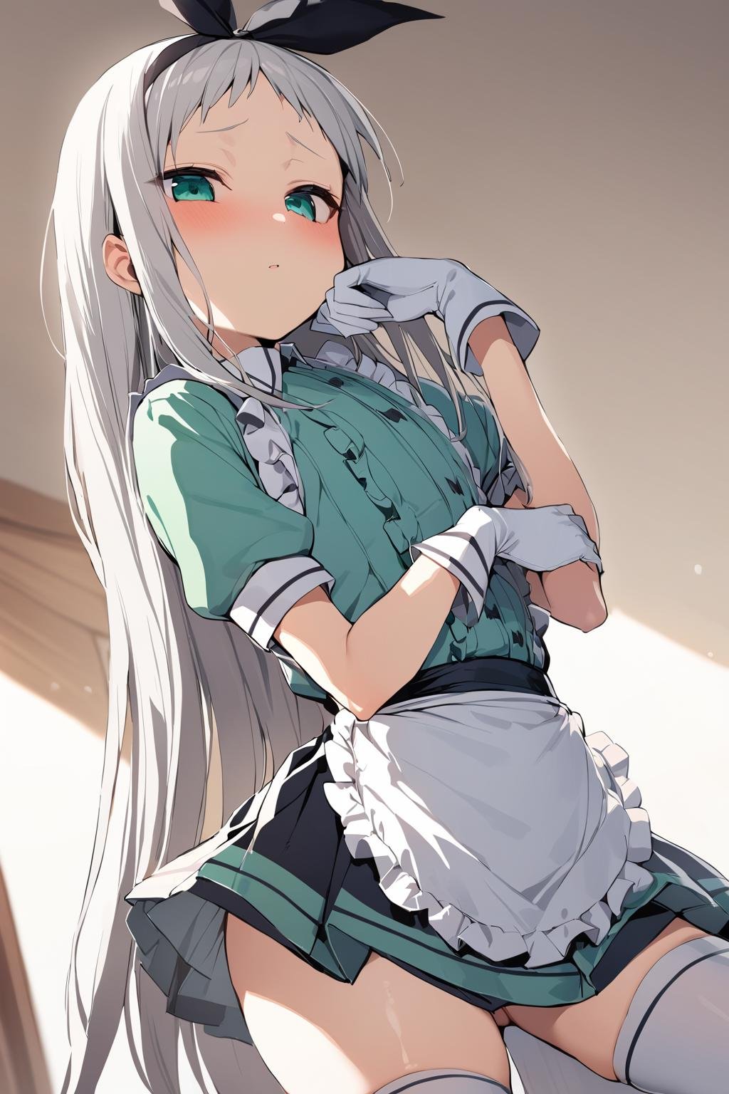 masterpiece, best quality, 1boy, <lora:spblendsKanzakiHideriXL:1> hideridef, otoko no ko, hair bow, black hairband, dress, short sleeves, frills, waist apron, frilled apron, skirt, white gloves, white thighhighs