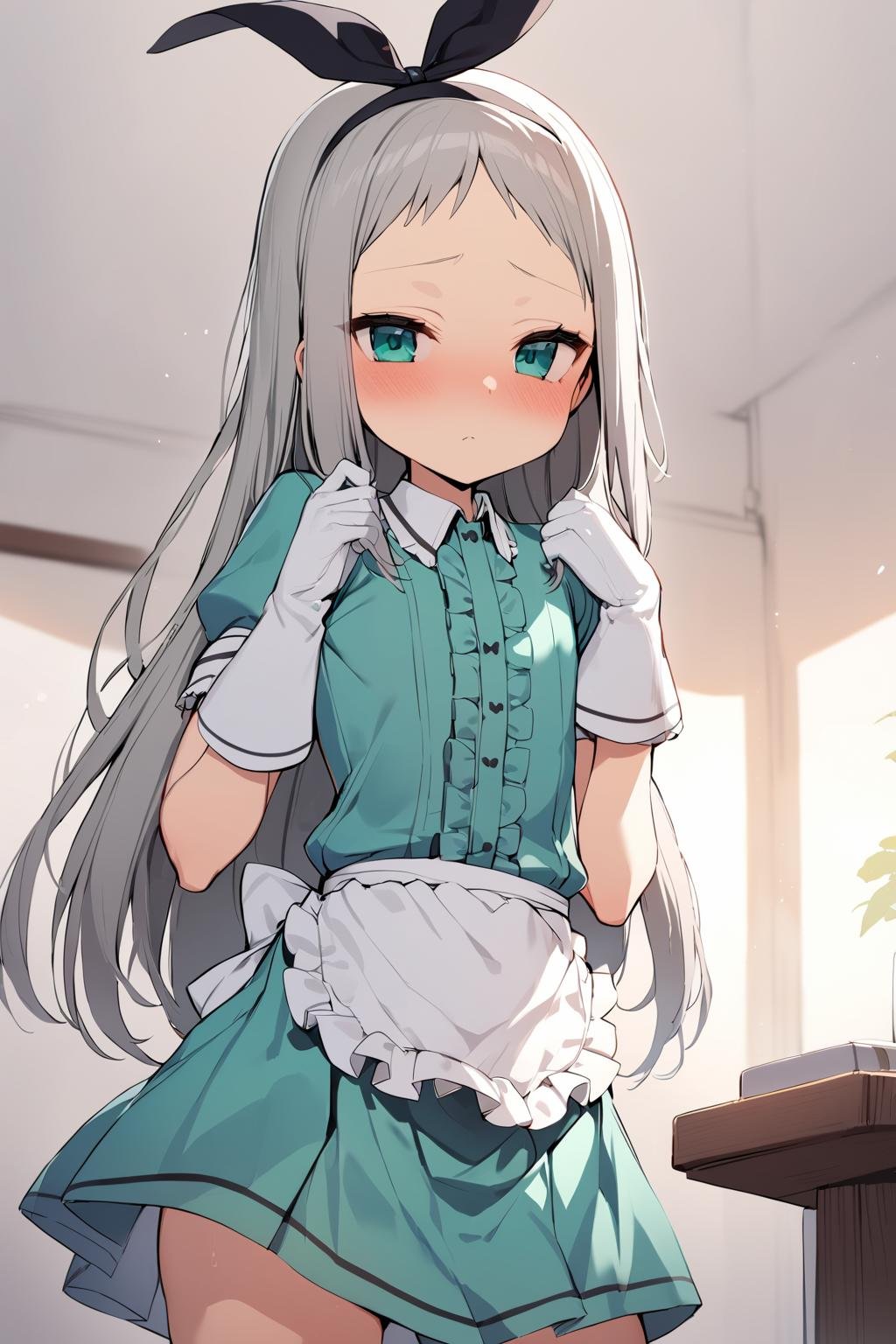 masterpiece, best quality, 1boy, <lora:spblendsKanzakiHideriXL:1> hideridef, otoko no ko, hair bow, black hairband, dress, short sleeves, frills, waist apron, frilled apron, skirt, white gloves