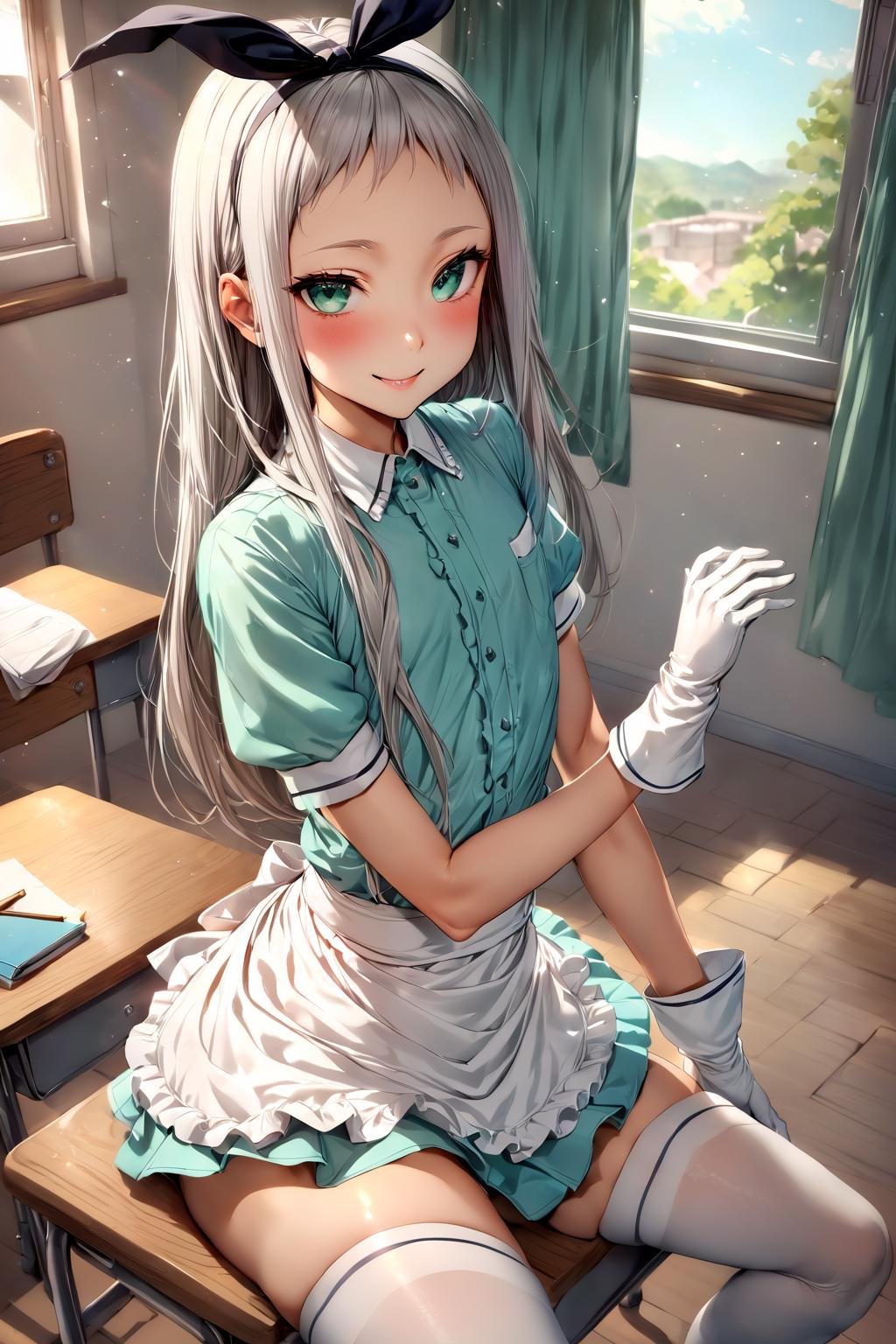 masterpiece, best quality, 1boy, <lora:spblendsKanzakiHideriXL:1> hideridef, otoko no ko, hair bow, black hairband, dress, short sleeves, frills, waist apron, frilled apron, skirt, white gloves, white thighhighs, blurry, curtains, depth of field, desk, fence, from above, indoors, light particles, open window, school, school desk, tree, wind, window, blush, looking at viewer, pose, sitting, smile, solo