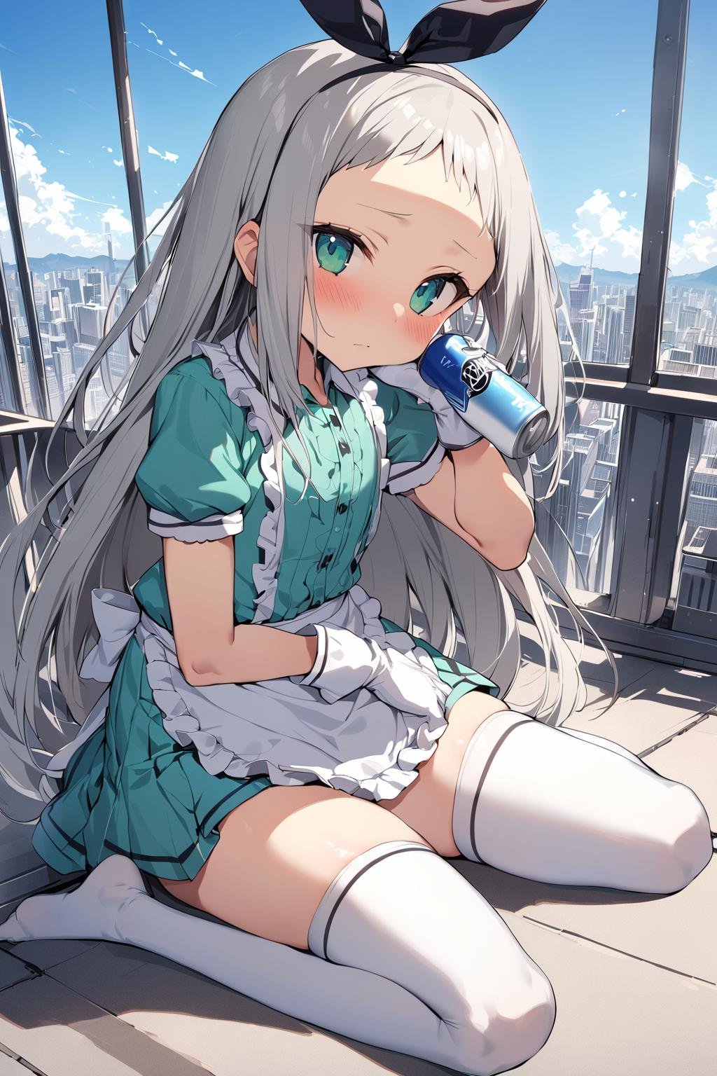 masterpiece, best quality, 1boy, <lora:spblendsKanzakiHideriXL:1> hideridef, otoko no ko, hair bow, black hairband, dress, short sleeves, frills, waist apron, frilled apron, skirt, white gloves, white thighhighs, blue sky, cityscape, full body, outdoors, scenery, sky, blush, closed mouth, head tilt, holding, holding can, looking at viewer, sitting, solo