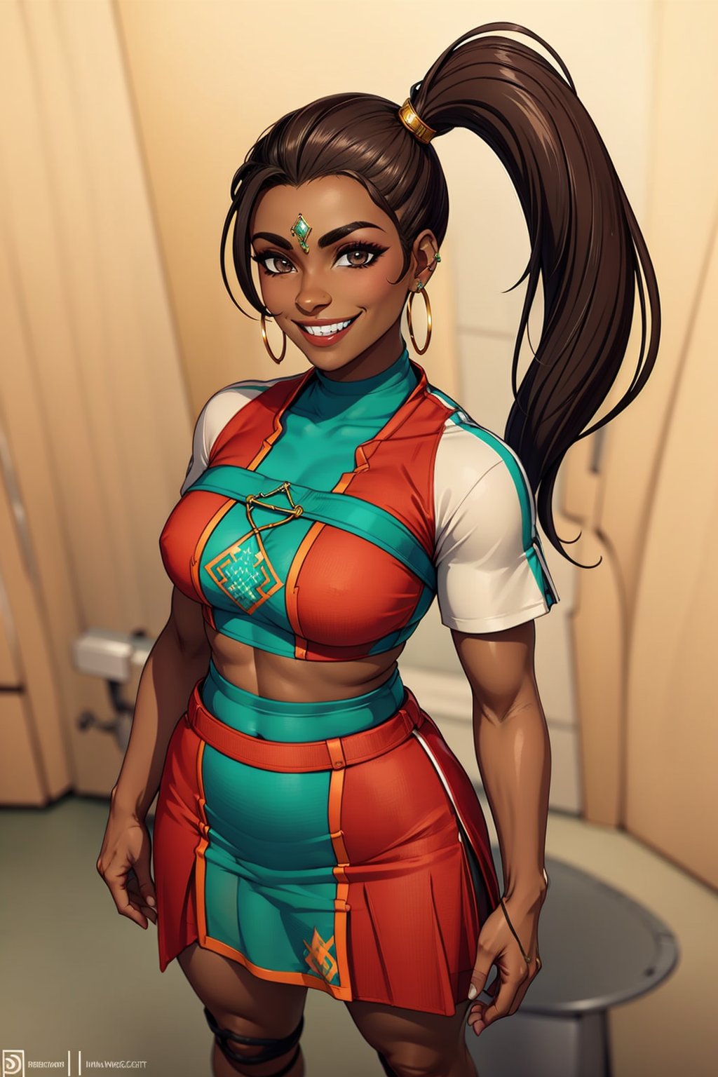 nose ring, nose peircing, rampart, side ponytail, dark skin, indian,smiling, full body, standing