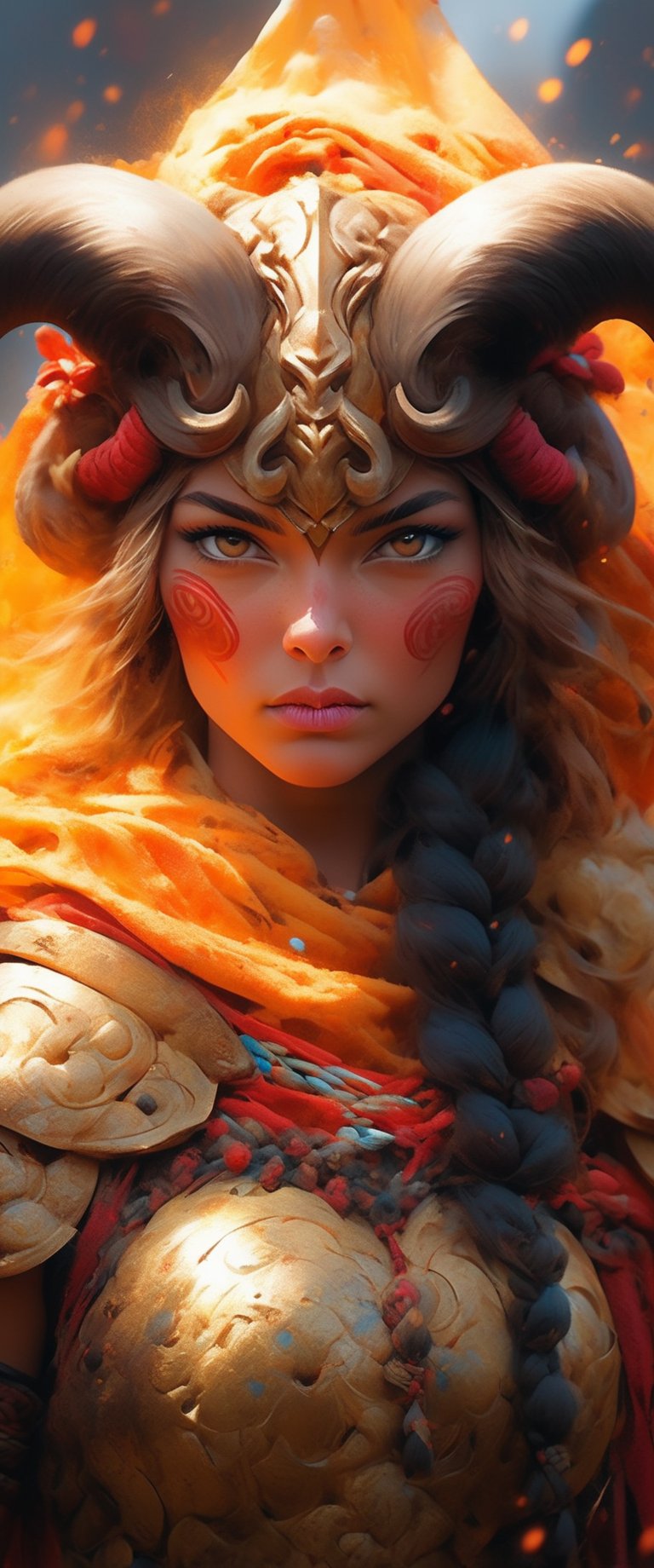 Viking woman with face tattoos; armor Valhalla intricately detailed photorealistic painting grizzled legendary symmetrical face: oil painting: high contrast: COLORFUL: 3D: ultra fine details: dramatic lighting: fantastical: sharp focus: Daniel dociu: splash art: professional photography: ZBrushCentral: finalRender: Unreal Engine 5: Trending on Artstation: Jeff Koons: Deep colors: deep depth of field; unique composition.  Hyperrealistic, splash art, concept art, mid shot, intricately detailed, color depth, dramatic, 2/3 face angle, side light, colorful background, sf, intricate artwork masterpiece, ominous, matte painting movie poster, golden ratio, trending on cgsociety, intricate, epic, trending on artstation, by artgerm, h. r. giger and beksinski, highly detailed, vibrant, production cinematic character render, ultra high quality model