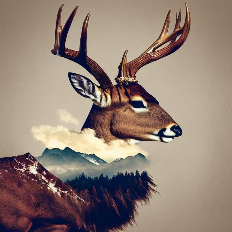 dblxp a profile close-up of a deer made out of forest, mountain and clouds, beige background