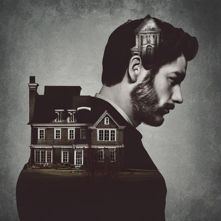 dblxp profile of a man and a mansion, dark background, photo