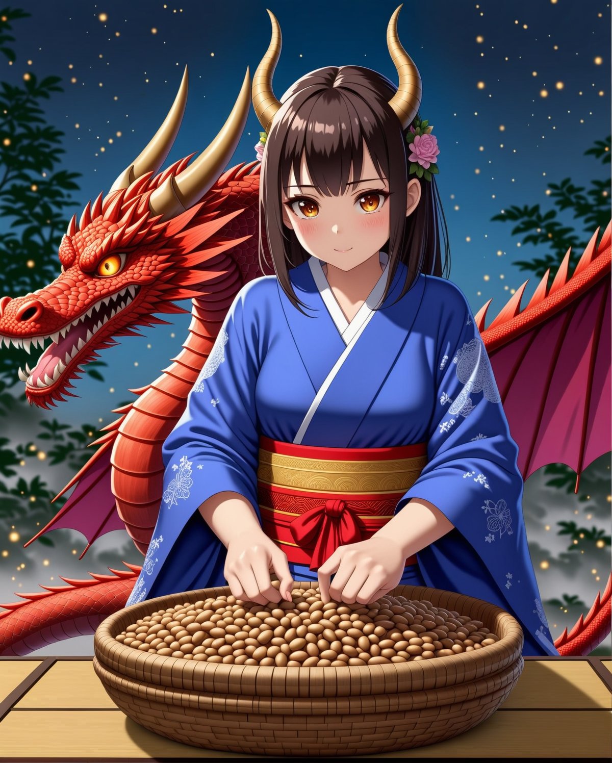 1girl, solo, ONIYOME, dragon, swtubun, wearing a Japanse kimono dress, beans, anime style illustration, realistic, high res, best quality, 8k, masterpiece, paper lantan, night, night sky, lantan, horns, dragon horns, basket, ,art_booster,<lora:659095807385103906:1.0>