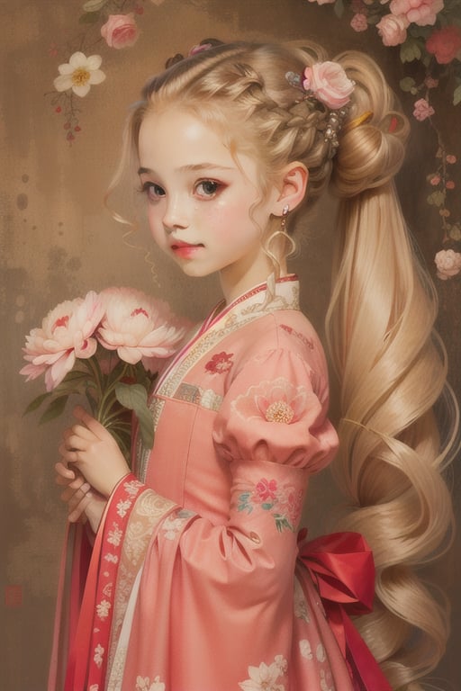 Master piece, high quality, a cute girl, blonde curly long hair, (twin ponytail:1.3), pink dress, gongbihua, flowers