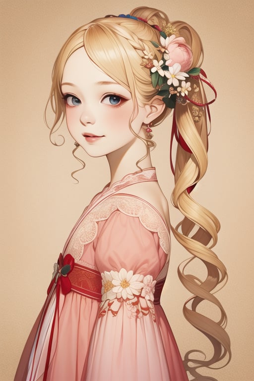 Master piece, high quality, a cute girl, blonde curly long hair, twin ponytail, pink dress, gongbihua, flowers