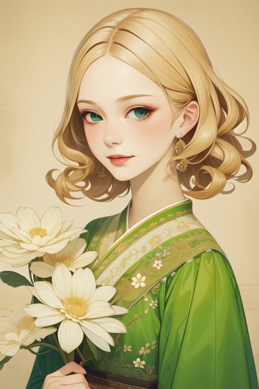 Master piece, high quality, a beautiful girl, blonde curly hair, green dress, gongbihua, flowers