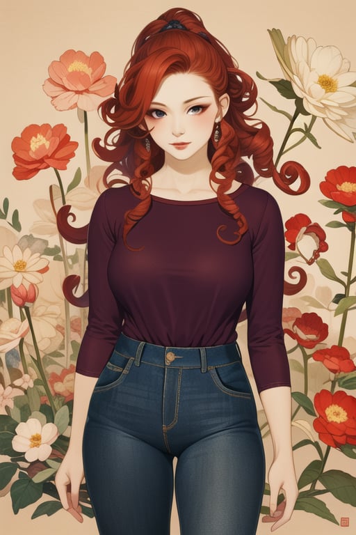 Master piece, high quality, a beautiful girl,red long curly hair, purple shirt and jeans, gongbihua, flowers