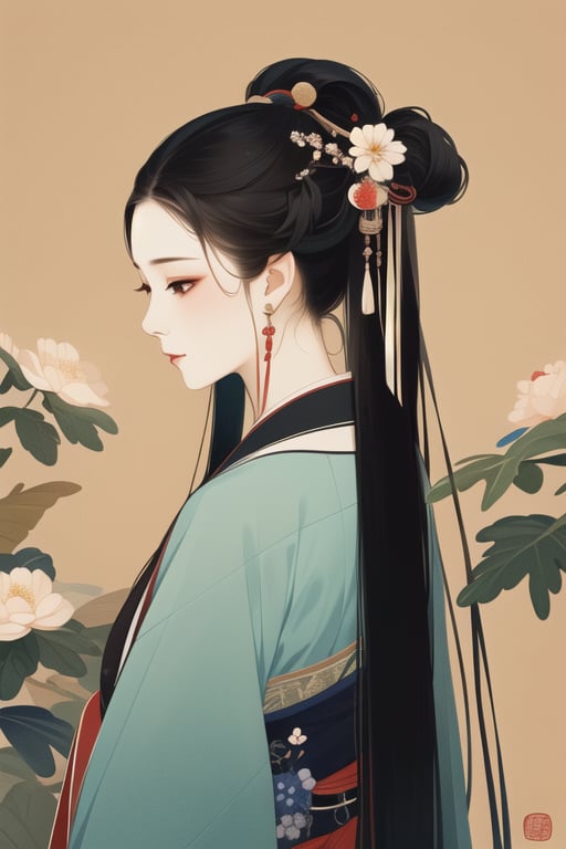 Master piece, high quality, a beautiful Chinese girl,black long hair,blue hanfu, gongbihua, flowers