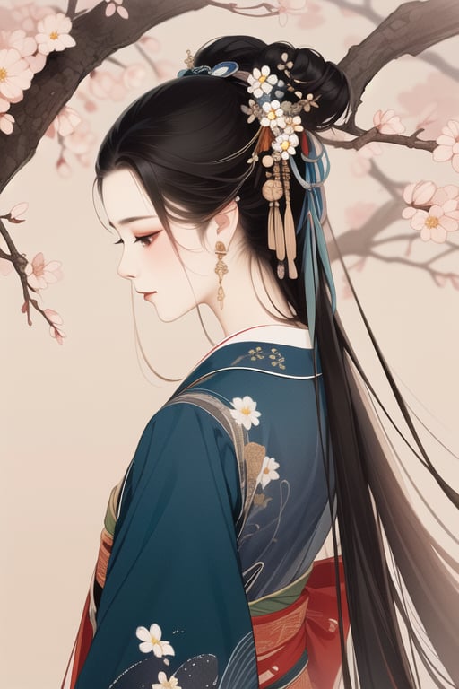 Master piece, high quality, a beautiful Chinese girl,black long hair,blue hanfu, gongbihua, flowers