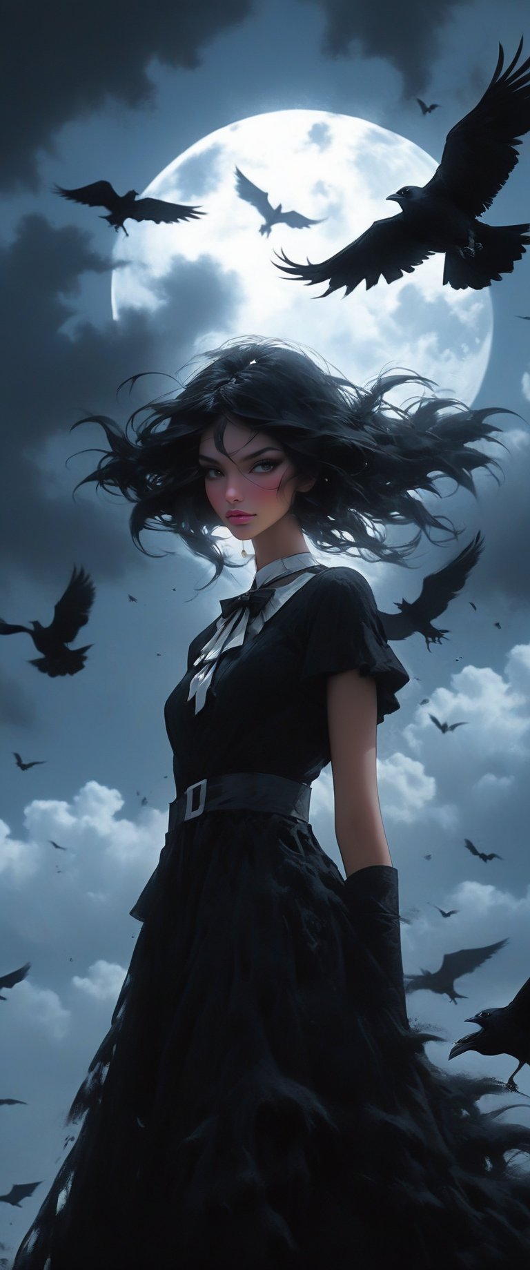  evil dark ((((masterpiece))),best quality, extremely detailed CG unity 8k, illustration, contour deepening beautiful detailed glow,(beautiful detailed eyes), (1 girl:1.1), ((Bana)), large top sleeves, Floating black ashes, Beautiful and detailed black, red moon, ((The black clouds)), (black Wings) , a black cloudy sky, burning, black dress, (beautiful detailed eyes), black expressionless, beautiful detailed white gloves, (crow), bat, (floating black cloud:1.5),white and black hair, disheveled hair, long bangs, hairs between eyes, black knee-highs, black ribbon, white bowties, midriff,{{{half closed eyes}}},((Black fog)), Red eyes, (black smoke), complex pattern, ((Black feathers floating in the air)), (((arms behind back))), midjourney, niji,Realism
) , ,sparks,, painting canvas style, sharp focus, emitting diodes, smoke, artillery, sparks, racks, system unit, perfect composition, beautiful detailed intricate insanely detailed octane render trending on artstation, 8 k artistic photography, photorealistic concept art, soft natural volumetric cinematic perfect light, chiaroscuro, award - winning photograph, masterpiece, oil on canvas, raphael, caravaggio, greg rutkowski, beeple, beksinski, giger,ct-niji2,sooyaaa,