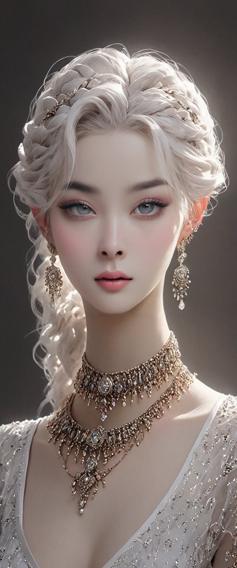 Porcelain woman with ghostly white hair, jewelry on her head, earrings, a beautiful necklace and detailed outfit, white skin with heavy makeup, extremely ghostly white, big, round and bright eyes, voluminous and beautiful lips, simple, soft, dreamlike background, surrealism, intricate details, 3D rendering, octane rendering. Nicoletta Ceccoli style. Masterpiece of the best quality, ultra-hd 32k. Frontal close-up. By Monique Moro.,ct-niji2