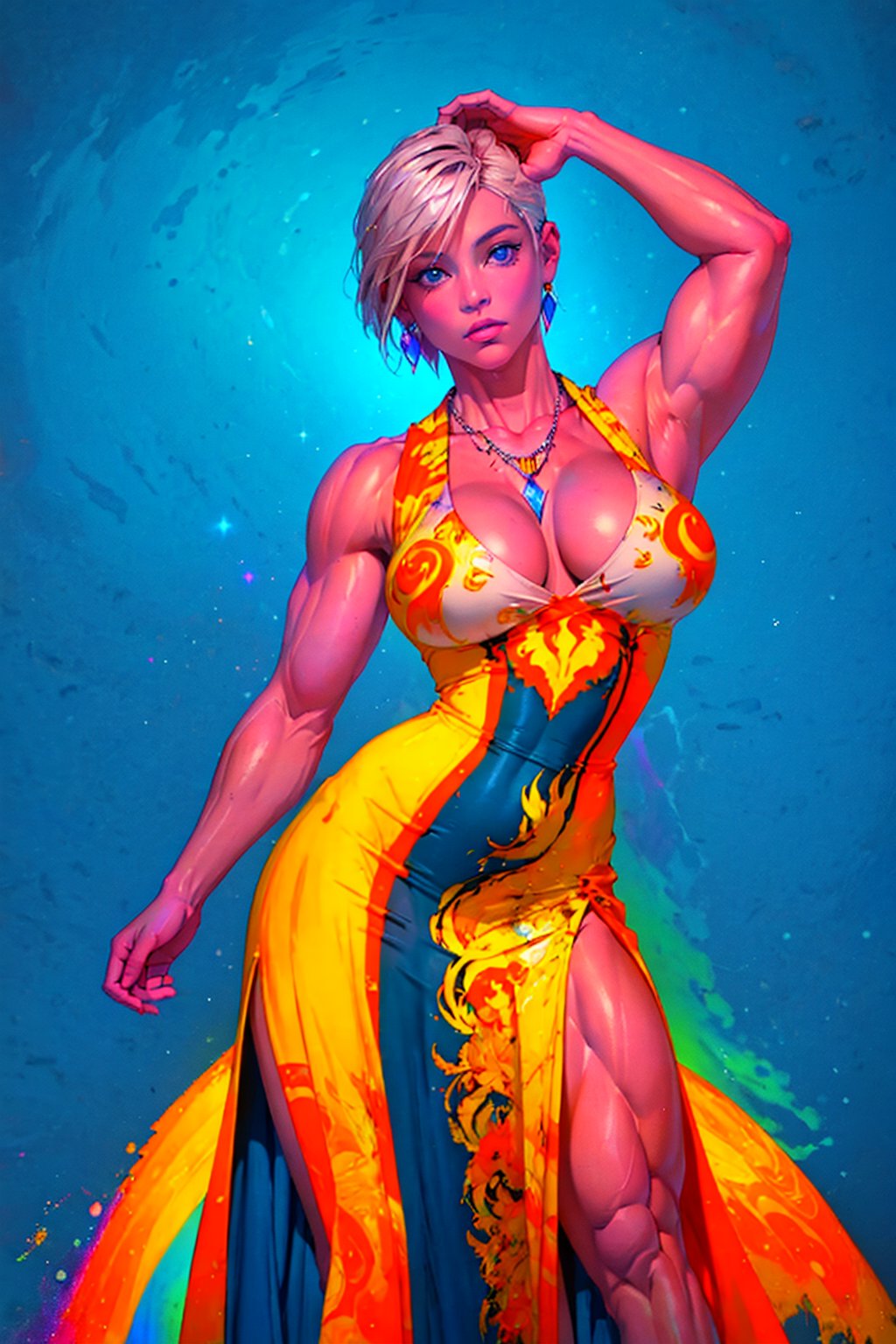 1girl, solo, Meryl, oil painting, impasto, looking at viewer, a beautiful woman with muscular body, 44 years old, she has short silver hair, (pixie haircut), blue eyes, a beautiful face. She has a  big breasts, strong arms, ripped abs, wide hips, wide thighs. tribal necklace, ((fantasy dress)), ((full_color psychedelic  background)), masterpiece, nijistyle, niji, sciamano240, soft shading, 1girl, meryl