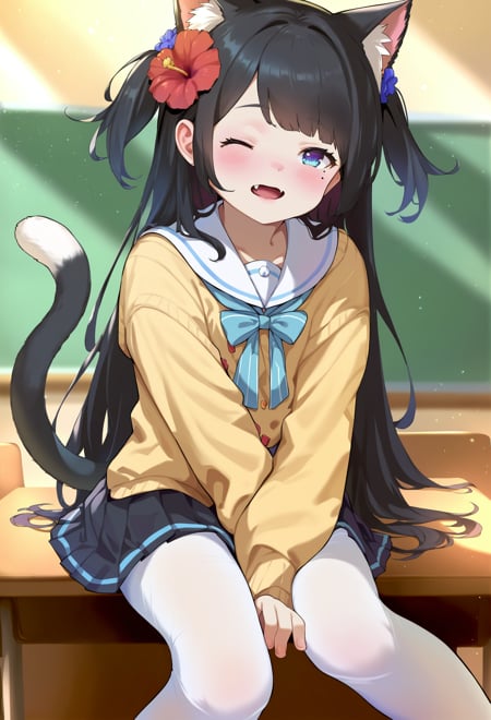 score_9, score_8_up, score_7_up, source_anime, best quality, masterpiece, uncensoredBREAK1girl, :o, black hair, blush, female focus, flower, hair flower, hair ornament, long hair, looking at viewer, mole, mole under eye, one eye closed, cat  tail, sleeves past wrists, solo, two side up, classroom, white pantyhose, pleated skirt, sitting on desk, fang out<lora:Akifn_pony_v1-000012:1> 