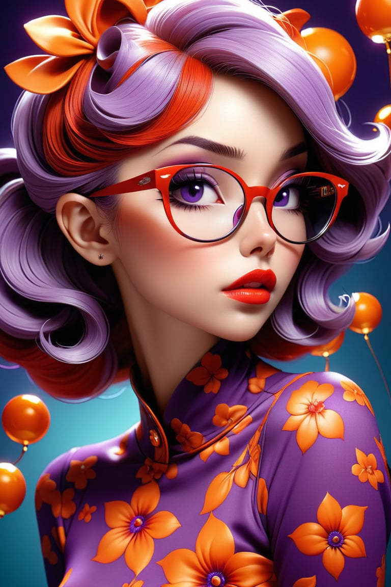 cartoon girl with glasses, purple, in the style of natalie shau, dark orange and red, junya watanabe, bill gekas, exquisite detail, psychedelic manga,
