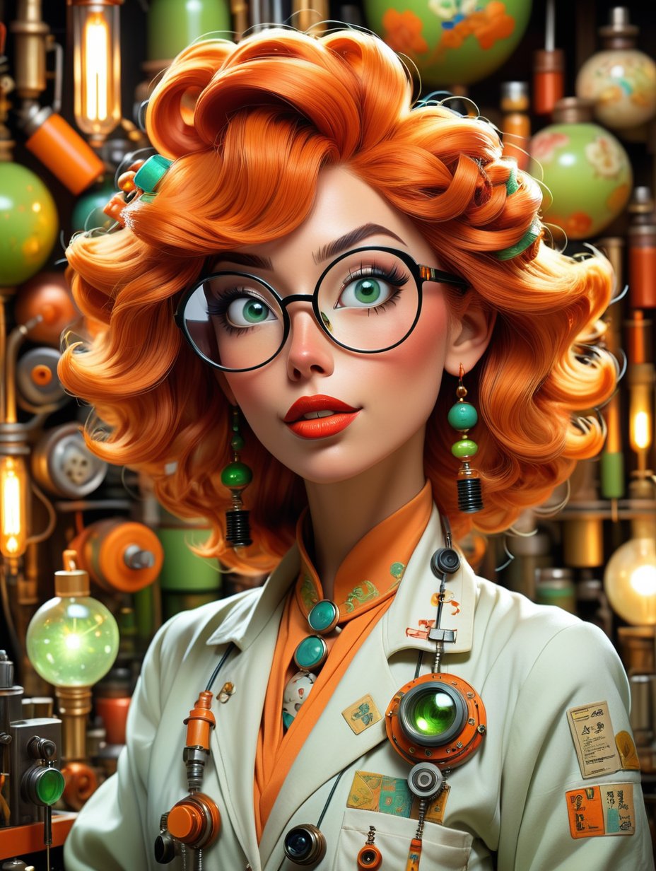 A quirky and eccentric inventor, Disney style, with messy makeup, oil painting by Ray Donley, sparkling green eyes, colorful lips, frizzy orange hair, oversized glasses, a pocket protector, eccentric hairstyle, intricately designed Qing dynasty ornament, glowing phosphorus fiber, a mechanical gadget, and a lab coat covered in doodles 