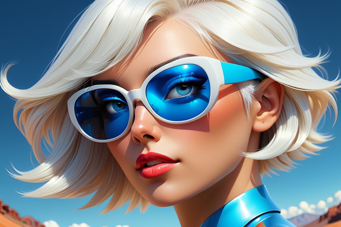 a woman with white hair and blue sunglasses, a photorealistic painting by Jan Tengnagel, trending on zbrush central, retrofuturism, daz3d, ilya kuvshinov, futuristic