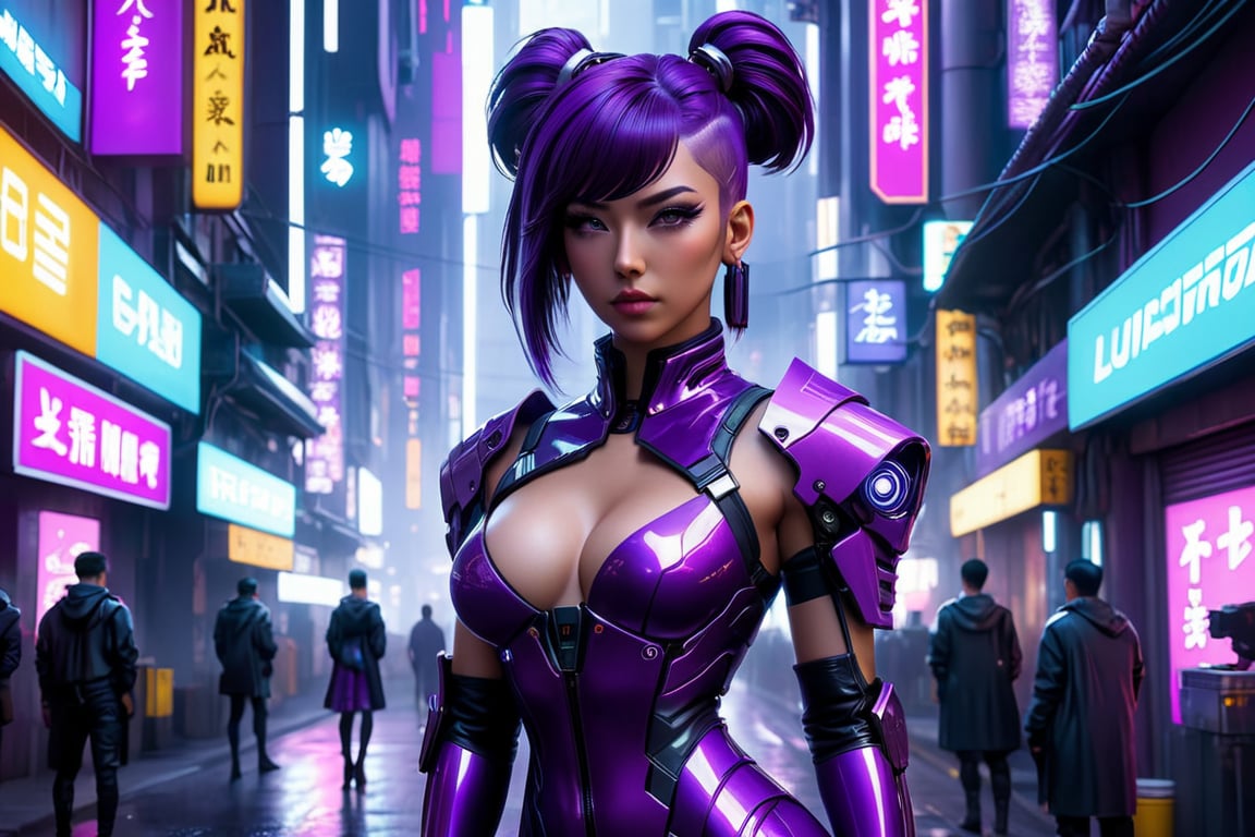 a woman in a purple outfit standing on a city street, cyberpunk art by Lü Ji, featured on cgsociety, fantasy art, artstation hd, anime aesthetic, behance hd